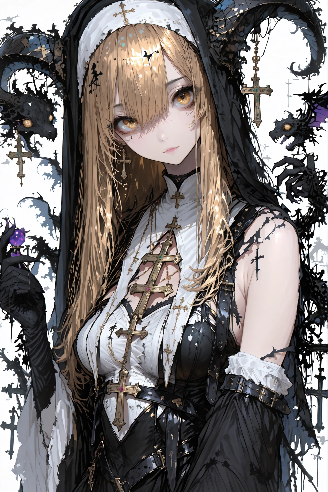 darkness falls girl, ((solo)), (masterpiece, detailed:1.2),  beautiful gold-hair, long hair, beautiful eyes, jeweled eyes, looking viewer, sloping shoulders, play, (medium breast:1.2), centered composition, Thin and soft loose clothing, black nun outfit, ((tattered costume)), loose and soft fabric, sheer sleeves, relaxed silhouette, fantasy, shimmering atmosphere, cinematic rim lighting, SFW, nun armor,