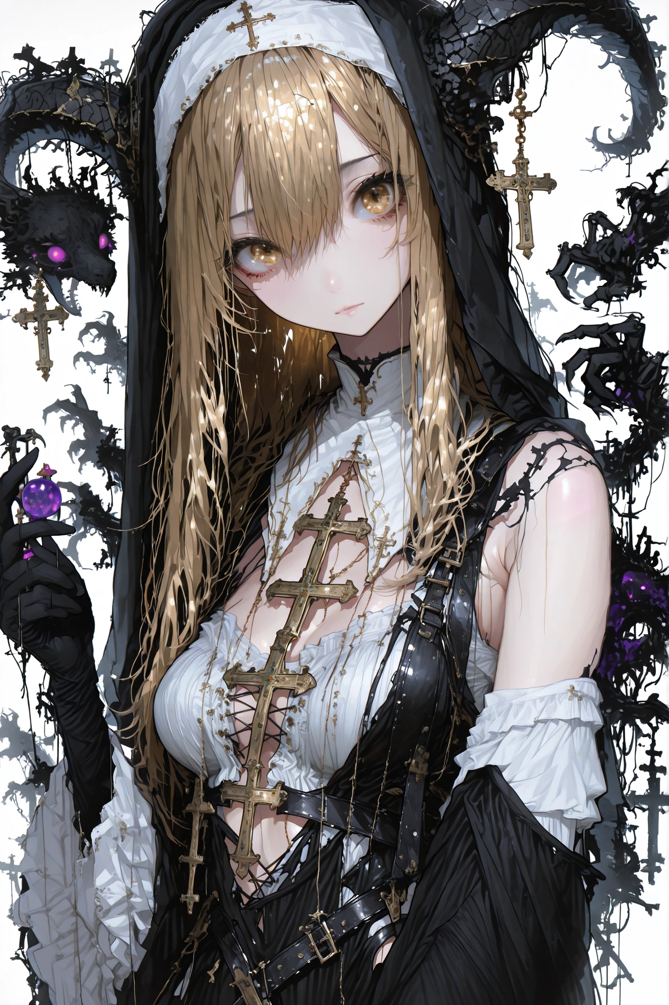 darkness falls girl, ((solo)), (masterpiece, detailed:1.2), beautiful gold-hair, long hair, beautiful eyes, jeweled eyes, looking viewer, sloping shoulders, play, (medium breast:1.2), centered composition, (Thin and soft loose clothing:1.5), black nun outfit, ((tattered costume)), (soft fabric:1.4), sheer sleeves, relaxed silhouette, fantasy, shimmering atmosphere, cinematic rim lighting, SFW, nun armor,