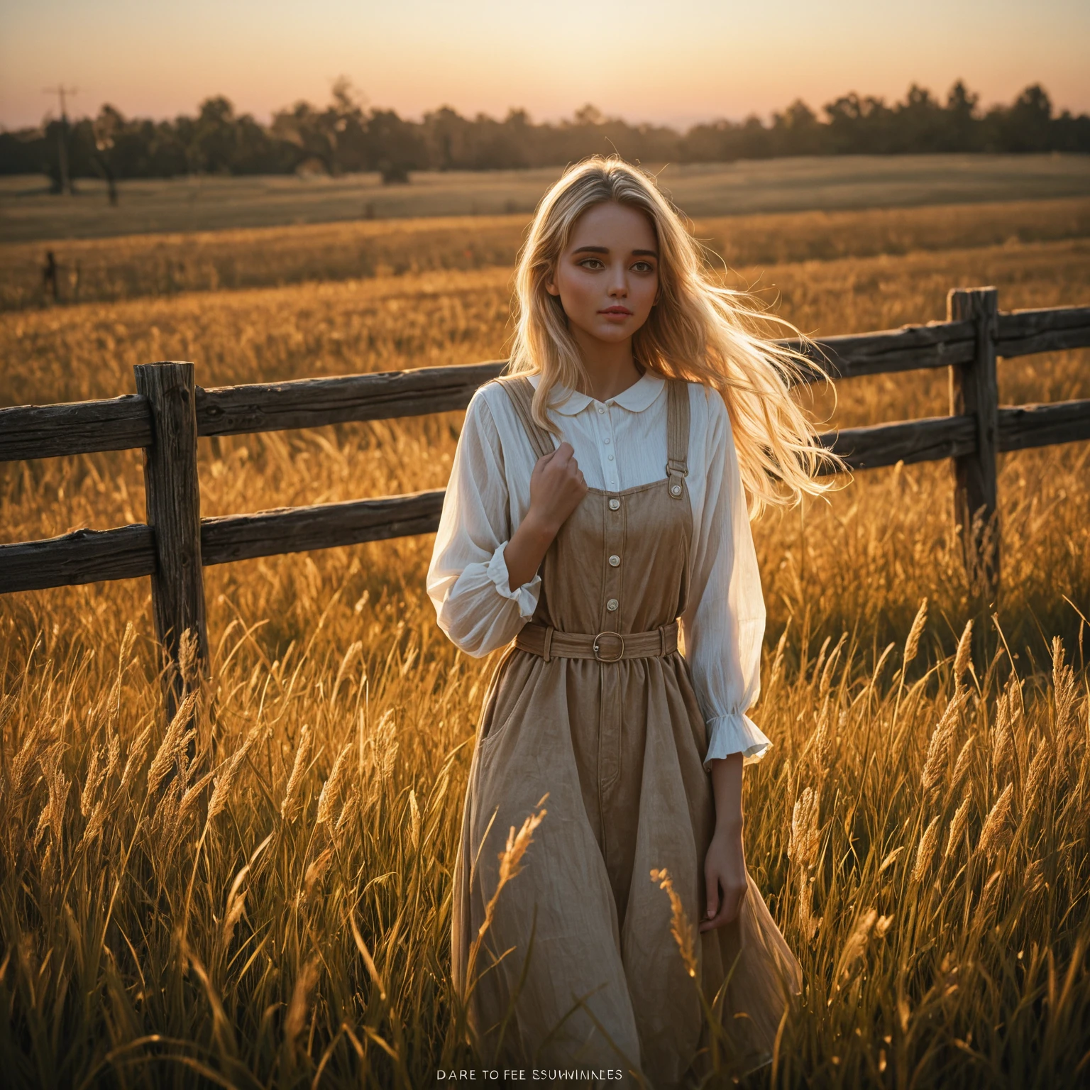 A girl in a long white summer dress with a high collar, long sleeves and closed shoulders is sitting in a wheat field. The dress completely covers the legs to the floor. The sleeves are wide and puffy. She has shoulder-length blonde hair. He wears a wide-brimmed straw hat. He is sitting on a blanket with empty wine glasses and a fruit basket on it.