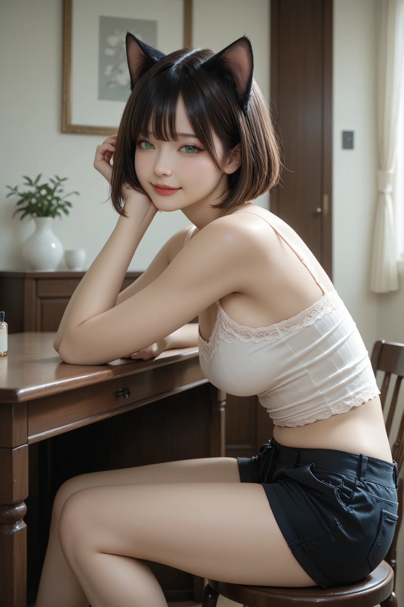 (masterpiece:1.3), (8k:1.3), (best quality:1.3), (ultra-detailed:1.3), very aesthetic, detailed background, high-resolution rendering.
gothic-influenced catgirl, melancholic beauty, cute face, decadent expression, graceful proportions, feminine curves, softly porcelain-like skin, (chestnut-brown bob hair with silky smooth lighter tips), almond-shaped beautiful green eyes, barely there eyebrows, delicate red lips, cat ears matching hair color.
She wears a fine-weight white camisole top, gently skimming her frame with a relaxed yet subtly flattering fit, its soft surface catching the warm light with an effortless sheen.
She pairs it with soft texture mini shorts in light gray.
She sits on a cushioned stool, leaning forward onto the closed table in her private room,
one arm folded beneath her head, she faces the viewer.
Her half-lidded eyes hold a soft, dreamy calm, a serene, faint smile resting on her lips.
Eye-level, 3/4 side view, intimate medium full shot,
focus on her presence, shallow depth of field, softly blurred background.