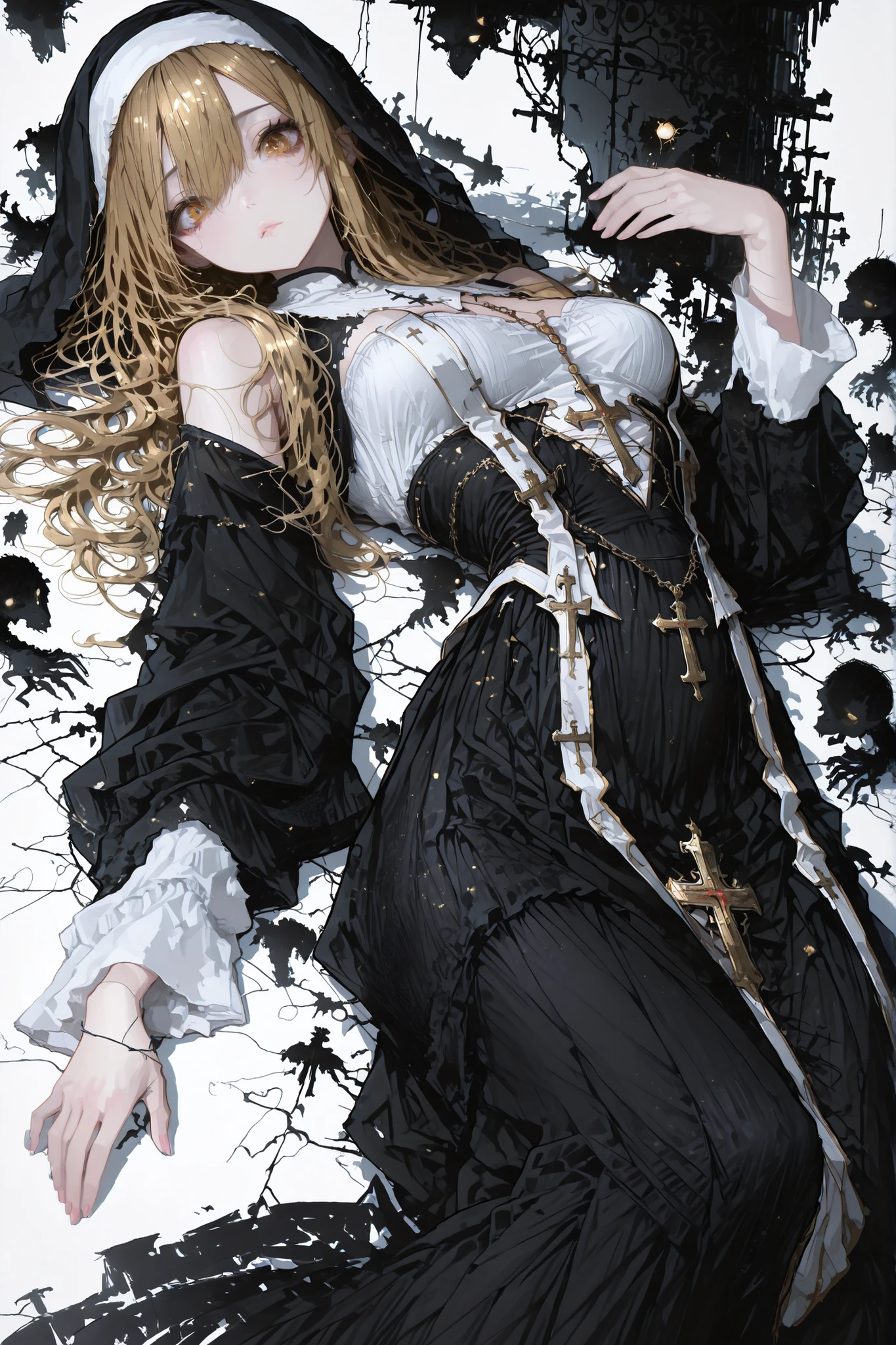 darkness falls girl, ((solo)), (masterpiece, detailed:1.2),  beautiful gold-hair, long hair, beautiful eyes, jeweled eyes, looking viewer, sloping shoulders, (lying on back), (medium breast:1.2), centered composition, (Thin and soft loose clothing:1.2), black nun outfit, ((tattered costume)), (soft fabric:1.4), sheer sleeves, relaxed silhouette, fantasy, shimmering atmosphere, cinematic rim lighting, SFW, nun armor, black long wrinkled skirt, ((long skirt)),