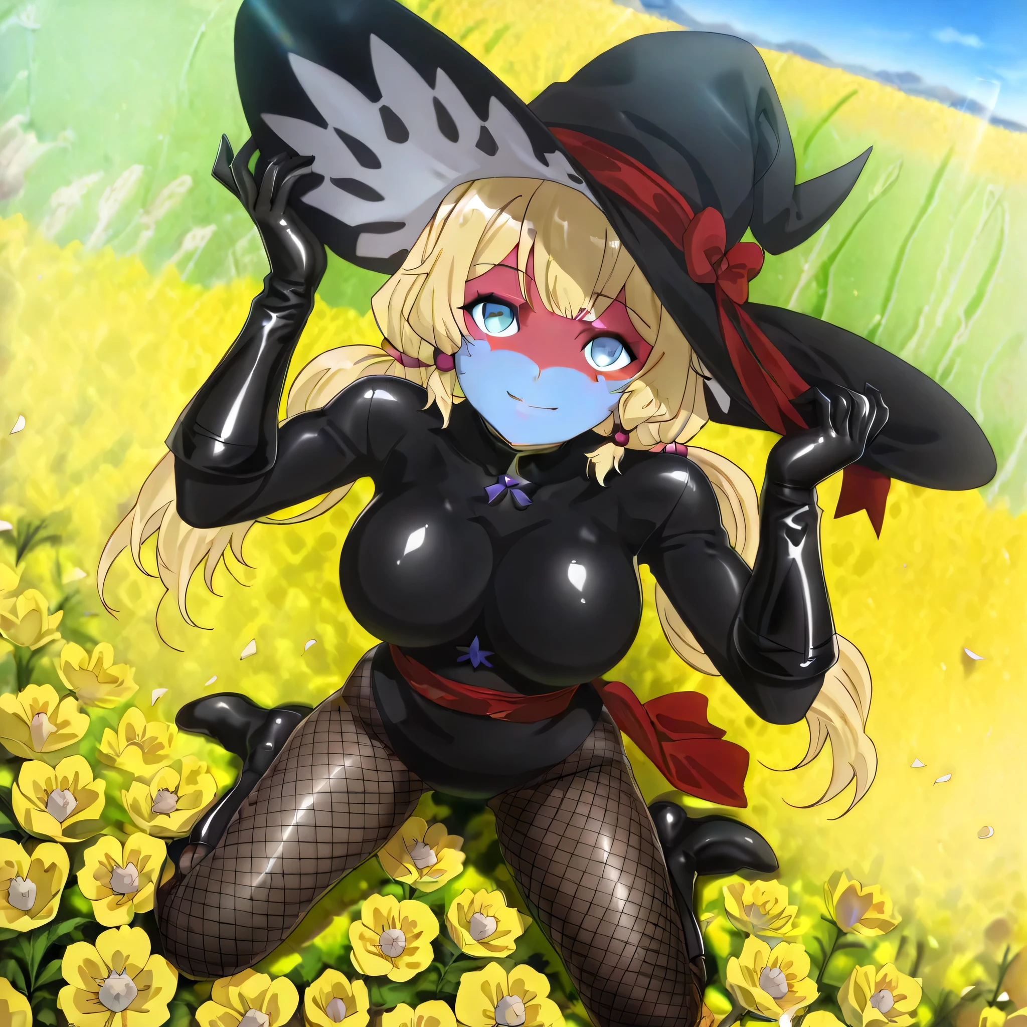 (((Masterpiece))), (((Best Quality))), ((Super Detail)), ultra-High resolution, score_9,score_8_up,score_7_up,score_6_up,score_5_up,score_4_up, BREAK, source_anime, anime screencap, uncensored, Masterpiece, (best shadow), (absurdres), (detailed background), (very aesthetic), detailed beautiful eyes, outstanding, an exquisite animation illustration, curvy, highres, shiny clothing, dark persona, empty eyes, blank eyes, shocker, black leotard, latex elbow gloves, brown fishnet pantyhose, red skin, blue skin, colored skin, red sash, makeup, (((solo, 1girl))), hair ornament, pose, submissive pose, anime style, anime coloring, animification, megami magazine, pose, dynamic angle, cinematic angle, dutch angle, dynamic composition, large , Ellie01, hat, witch hat, long hair, blue eyes, blonde hair, twin tails, bow, hat bow, hands on hat, looking from above, view from above from above, full body, flower, flower field, flower petals, petals, kneeling on flower, wariza, tilt head, head tilt, happy, gentle smile, light smile, cute pose, closed mouth, happy, looking at viewer, looking up, outdoor, blue sky, dappled light, sunbeam