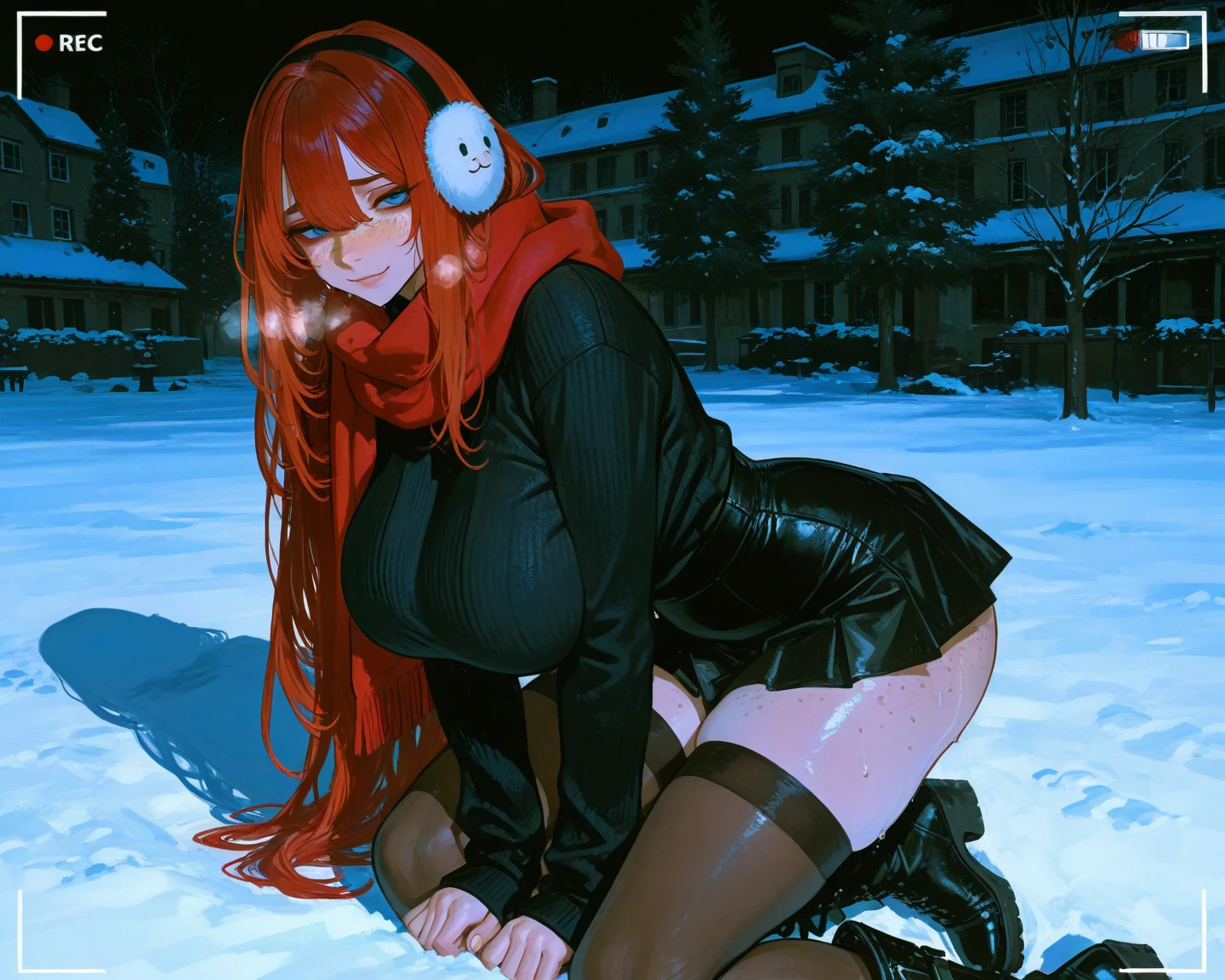 red hairs、hime-cut、poneyTail、Golden Eyes、eye glasses、ssmile、Ten-year-old girl、I can see very small breasts、Thin pubic hair、open black coat、snow mountains、low angles、Opening legs、full body seen
