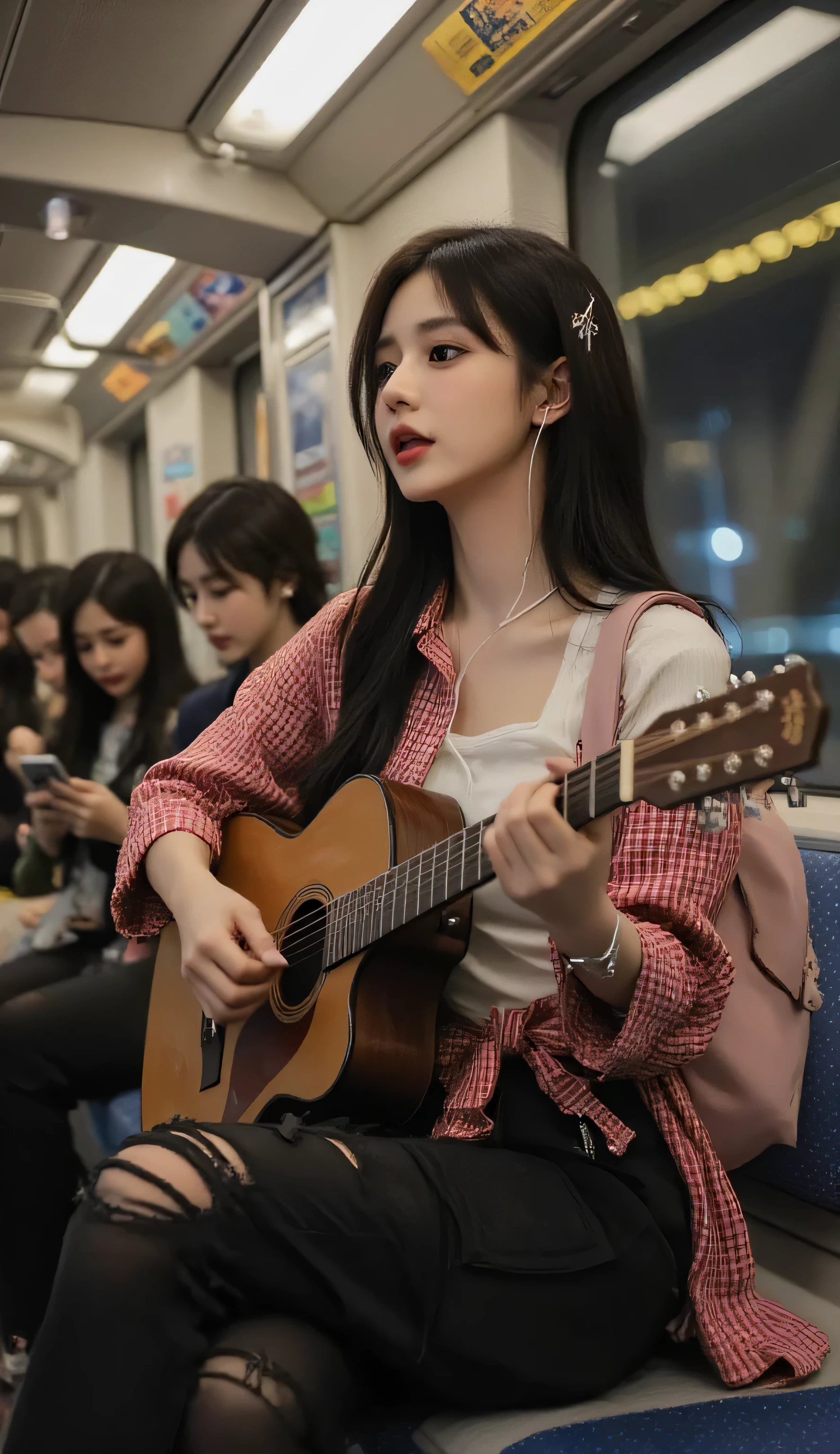 (masterpiece:1.4), (best quality:1.3), jiyeon_oc:1.2,
medium shot (from head to above knees), low angle view,
inside a subway car, focus on a young woman with long black hair, one side pinned with a small silver hairpin, wearing hip-hop style simple silver accessories. Her outfit: a white crop top, a red checkered shirt tied around her waist, and vintage ripped black cargo pants. She carries a small pink backpack, with a cute character-printed tumbler visible in the side pocket. She is wearing old-fashioned wired pink earphones. She is sitting, playing a slightly worn brown acoustic guitar and singing passionately, her left hand fretting chords, right hand strumming.
Lighting: contrast between cool interior subway lights and warm yellow city night lights flowing through the subway window behind her. Shallow depth of field, sharp focus only on the woman's face and guitar hands.
Background: other seated passengers softly blurred - on her left side, a student gazing out window, on her right side, an office worker watching phone with headphones. Standing passengers visible only from waist down with motion blur.
Through the large window behind her, the motion-blurred scenery reveals the glowing city night view. Mood: emotionally charged, cool and stylish, MZ-generation indie music video style.
Mature, realistic HD photography, Professional Lighting, Vivid Color, Realistic Texture, 4K High Resolution, Delicate Insertion, panoramic,
Natural posture, flexible body, natural movements and facial expressions, natural gaze processing,