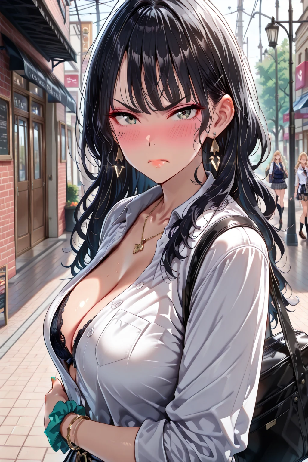 (nsfw),masterpiece,ultra detailed,hyperrealistic anime,curvy seductive woman,(tareme,thick lips),long black hair,blunt bangs,wavy hair,tubetop white blouse,black short skirt,cardigan,make-up,at crowded street,sweaty,look at viewer,