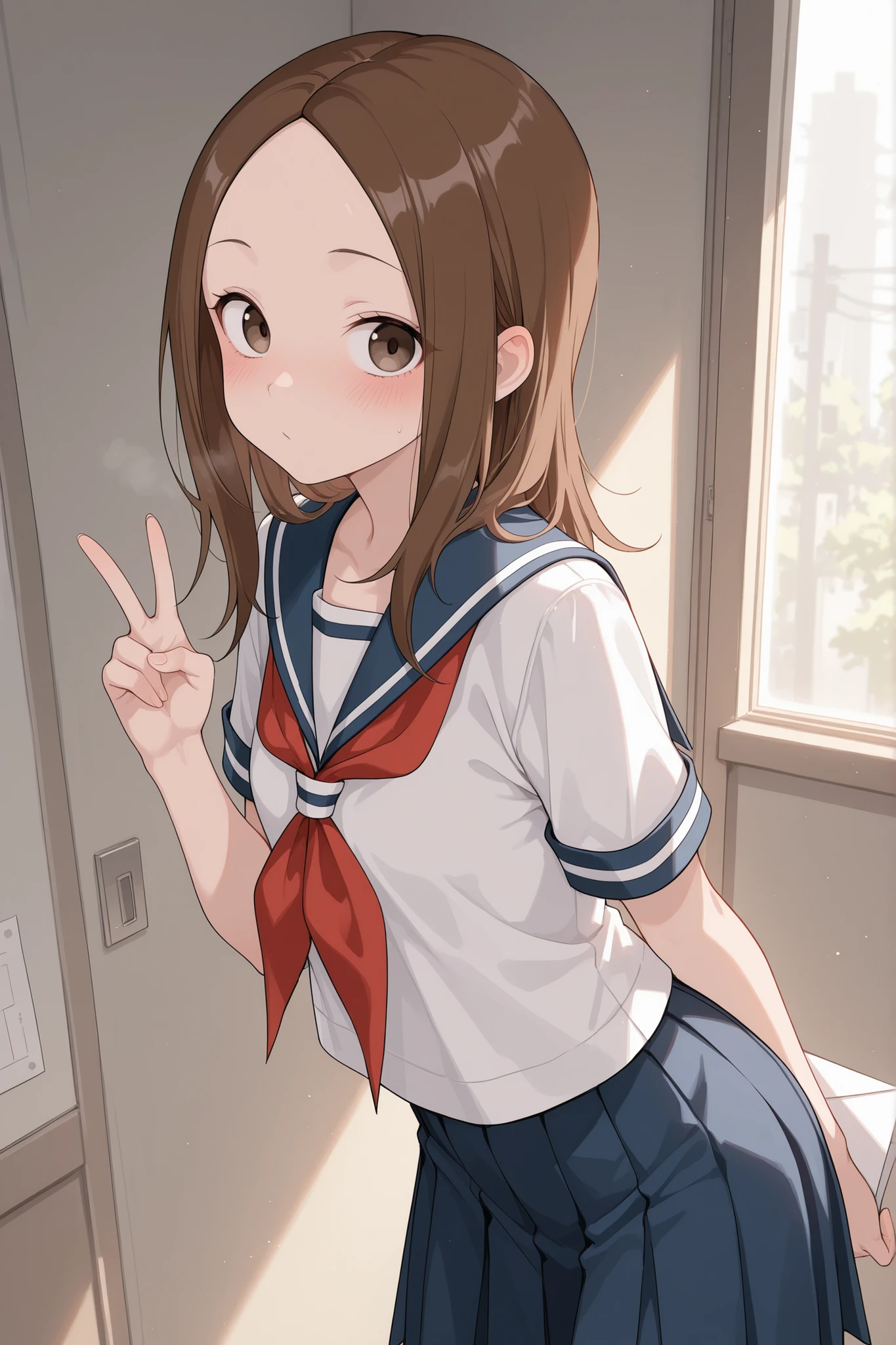 1girl,  takagi-san,karakai jouzu no   takagi-san,brown hair, medium hair, parted bangs, serafuku, blue sailor collar, red neckerchief, white shirt, blue pleated skirt,standing,V, looking at side ,blush,author ,nanahara fuyuki,ruo zhishi chu jian,yueko \(jiayue wu\),parcel,masterpiece, best quality, amazing quality, Very aesthetic, absurdres,newest,huge filesize,