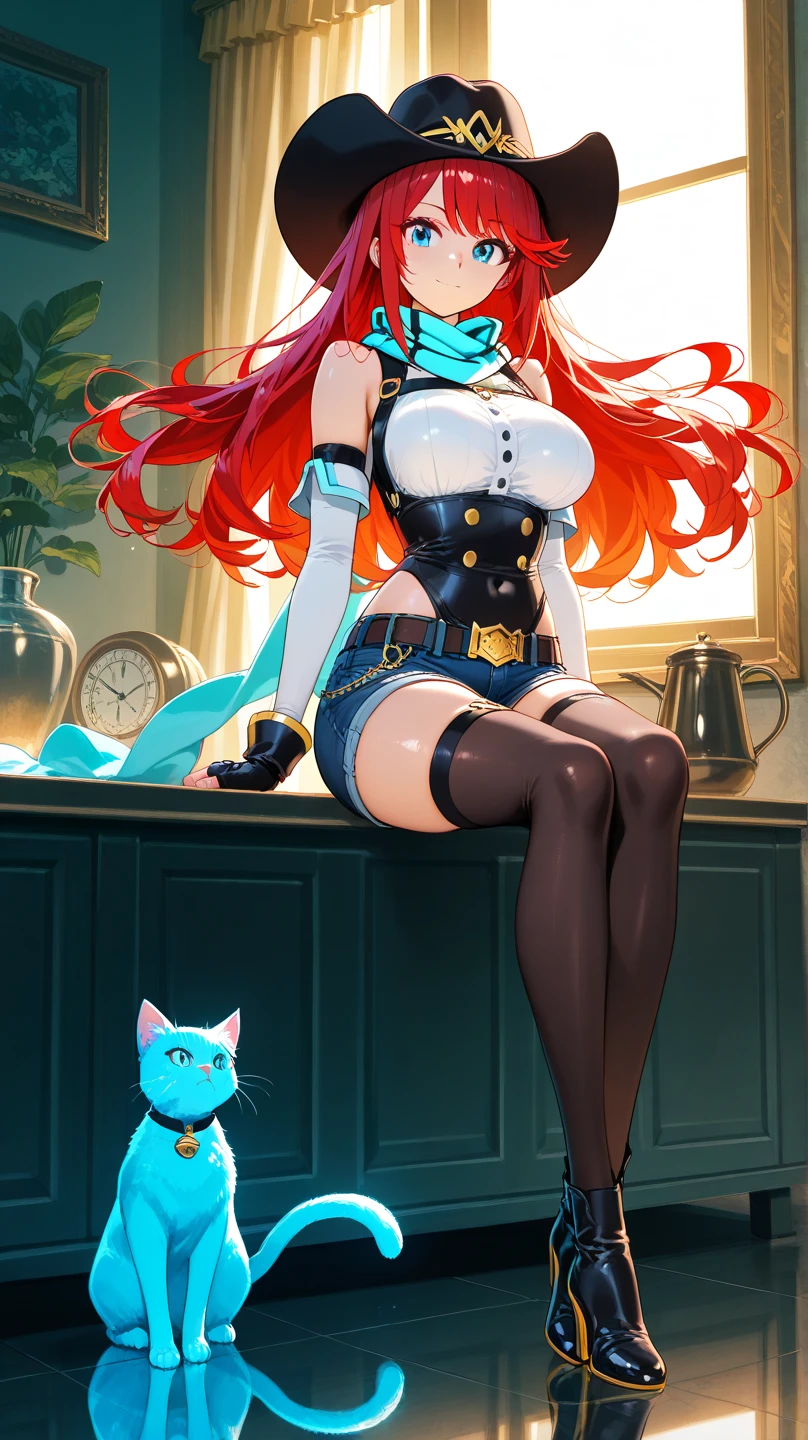 Felicia, blue hair, Green eyes, cat tail, happy, cute smile, hight details, , big , happy, (in a old train with cat theme) sitting in a table, drinking milk.