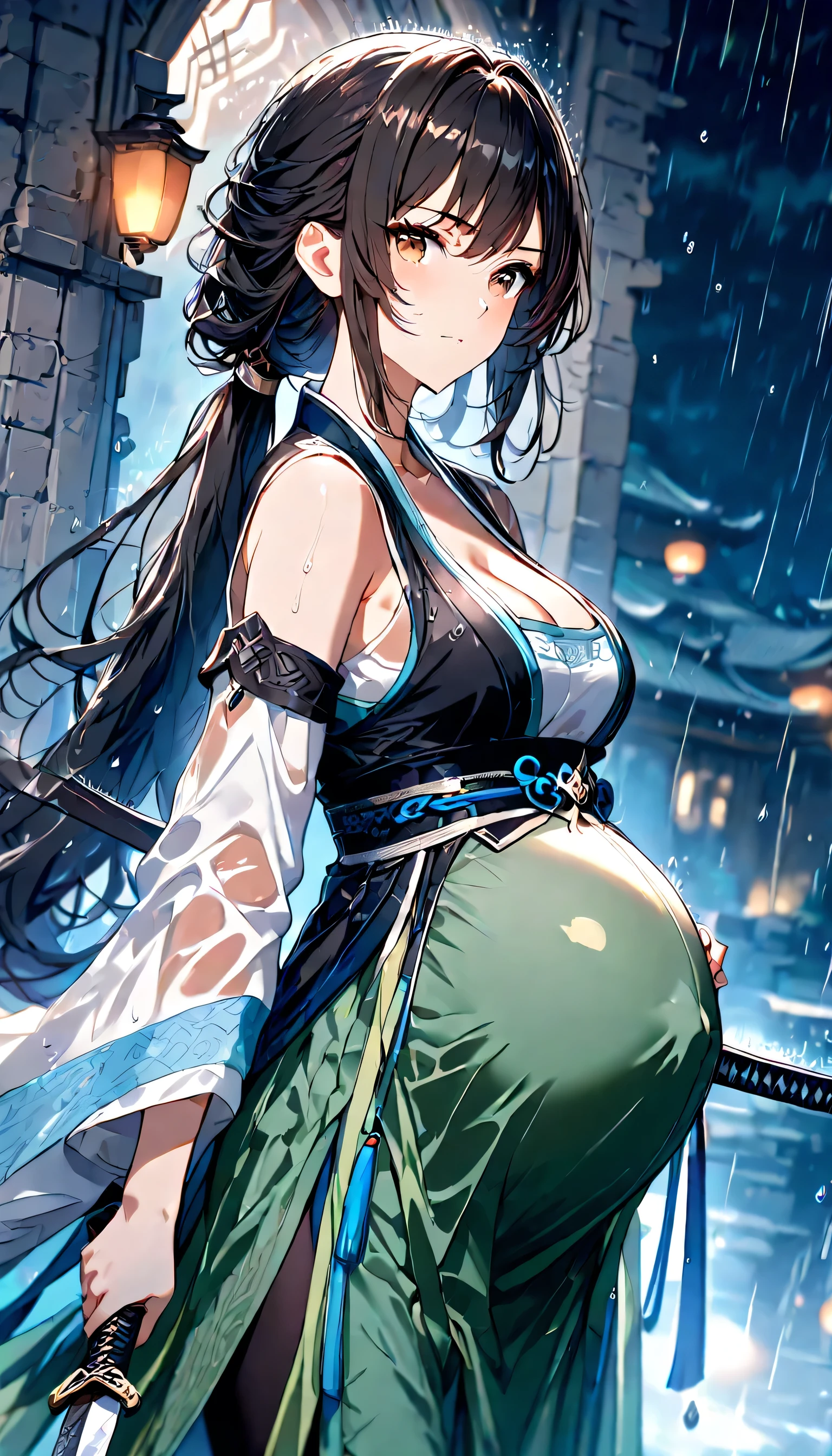 High Resolution, Best Quality, Super Detailed, Masterpiece, 4K, fortress gate, night, raining, 1girl, black hair, long hair, long ponytail, low ponytail, unadorned hair, brown eyes, medium breasts, pregnant, adult body, transparent blue hanfu, sleeveless hanfu, black vest, transparent green sarong, black leggings, stitched cloth boots, looking at viewer, focused expression, two swords, holding swords, wet clothes, cleavage, close up