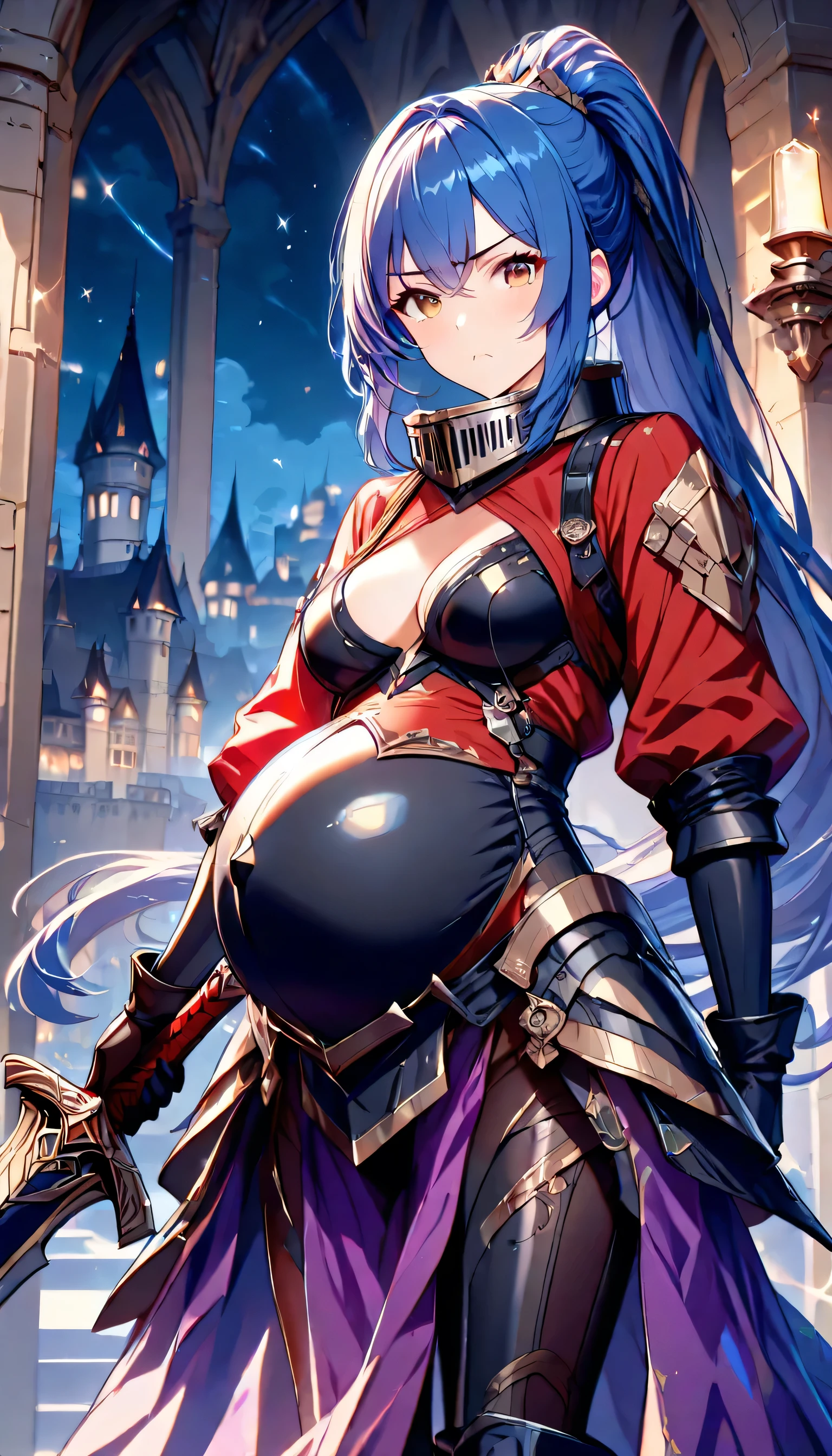 High Resolution, Best Quality, Super Detailed, Masterpiece, 4K, castle interior, night, 1girl, blue hair, long hair, long ponytail, low ponytail, brown eyes, medium breasts, pregnant, adult body, tall body, steel collar, black vest, red tunic, armored bikini, armored thong, purple sarong, black leggings, explorer boots, looking at viewer, standing, annoyed expression, holding one sword, cleavage, close up