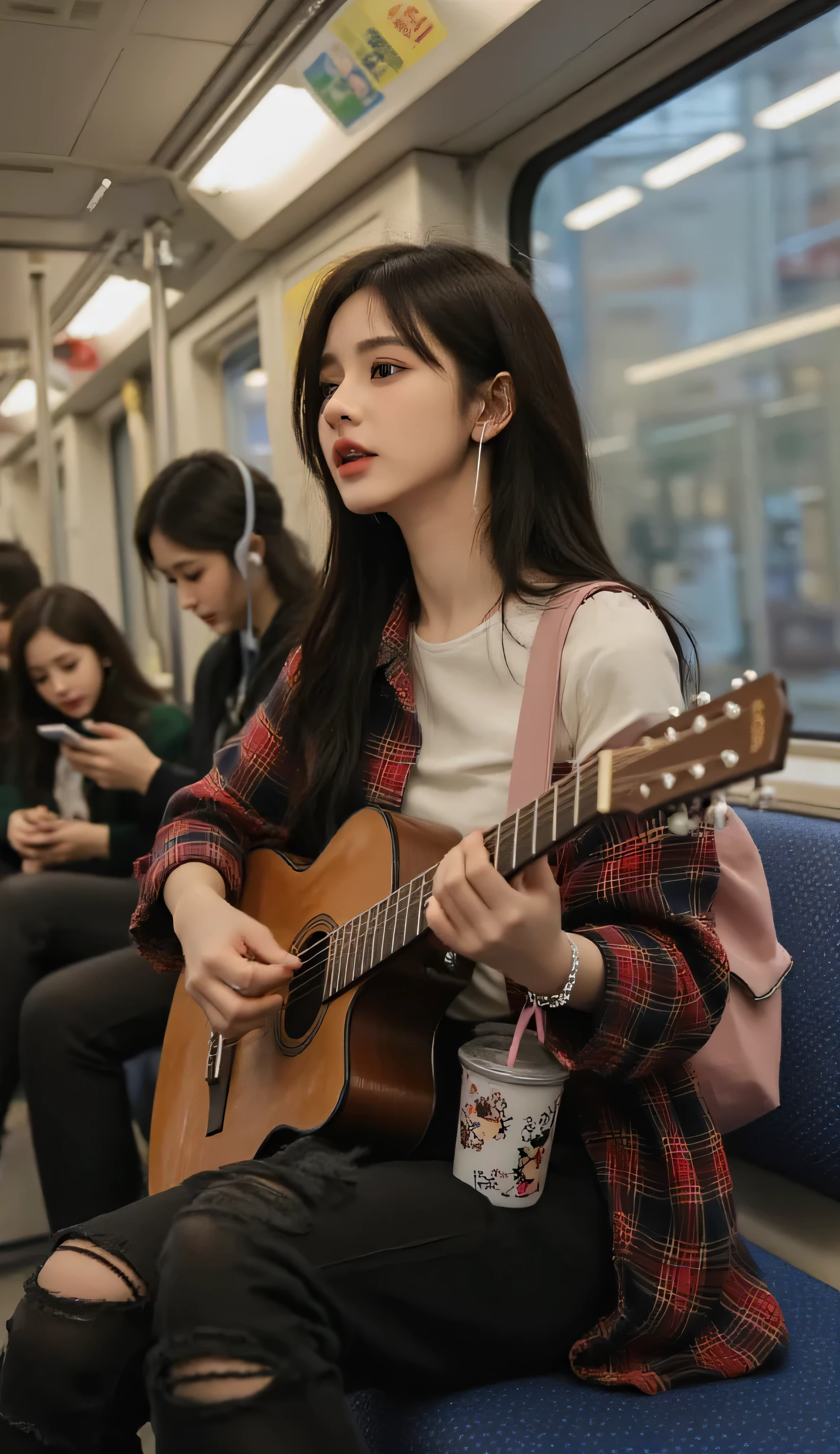 (masterpiece:1.4), (best quality:1.3), jiyeon_oc:1.2,
medium shot (from head to above knees), low angle view,
inside a subway car, focus on a young Korean woman with long black hair, one side pinned with a small silver hairpin, wearing hip-hop style simple silver accessories. Her outfit: a white crop top, a red and black buffalo check flannel shirt tied around her waist, and vintage ripped black cargo pants. She carries a small pink backpack, with a cute character-printed tumbler visible in the side pocket. She is wearing old-fashioned wired pink earphones. She is sitting, playing a slightly worn brown acoustic guitar and singing passionately, her left hand fretting chords, right hand strumming.
Lighting: contrast between cool interior subway lights and warm yellow city morning lights flowing through the subway window behind her. Shallow depth of field, sharp focus only on the woman's face and guitar hands.
Background: other seated passengers softly blurred - on her left side, a student gazing out window, on her right side, an office worker watching phone with headphones. Standing passengers visible only from waist down with motion blur.
Through the large window behind her, the motion-blurred scenery reveals the early morning commute city view. Mood: emotionally charged, cool and stylish, MZ-generation indie music video style.
Mature, realistic HD photography, Professional Lighting, Vivid Color, Realistic Texture, 4K High Resolution, Delicate Insertion, panoramic,
Natural posture, flexible body, natural movements and facial expressions, natural gaze processing,