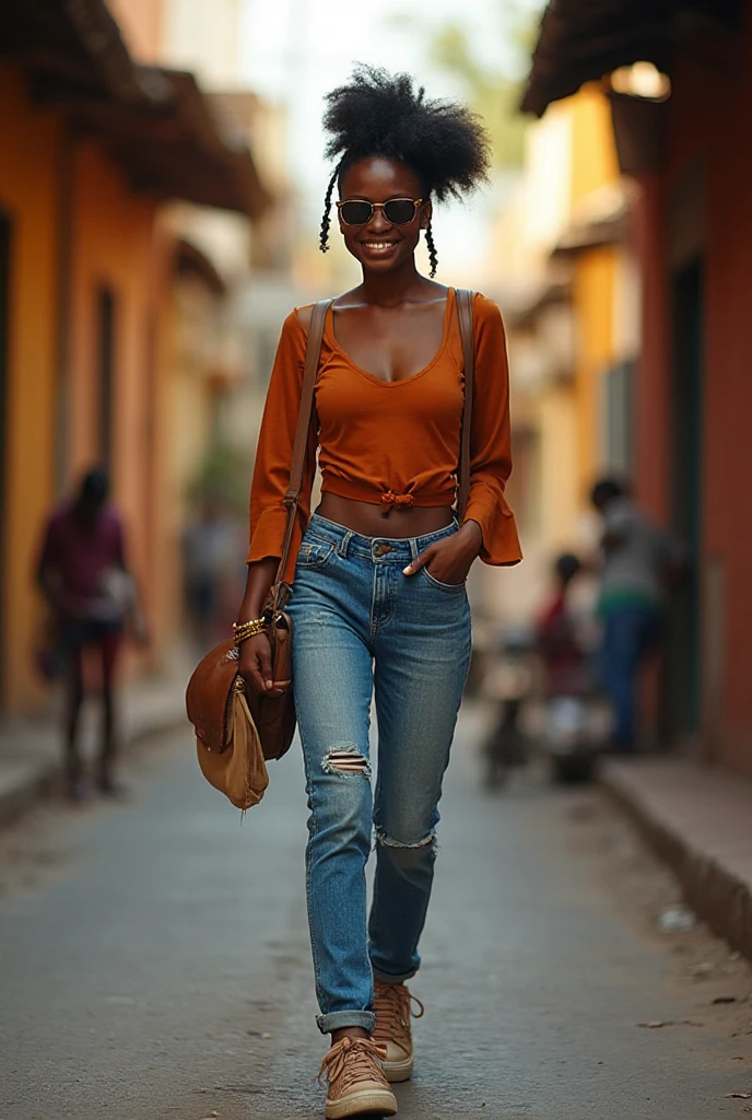 A girl carries a Panama hat