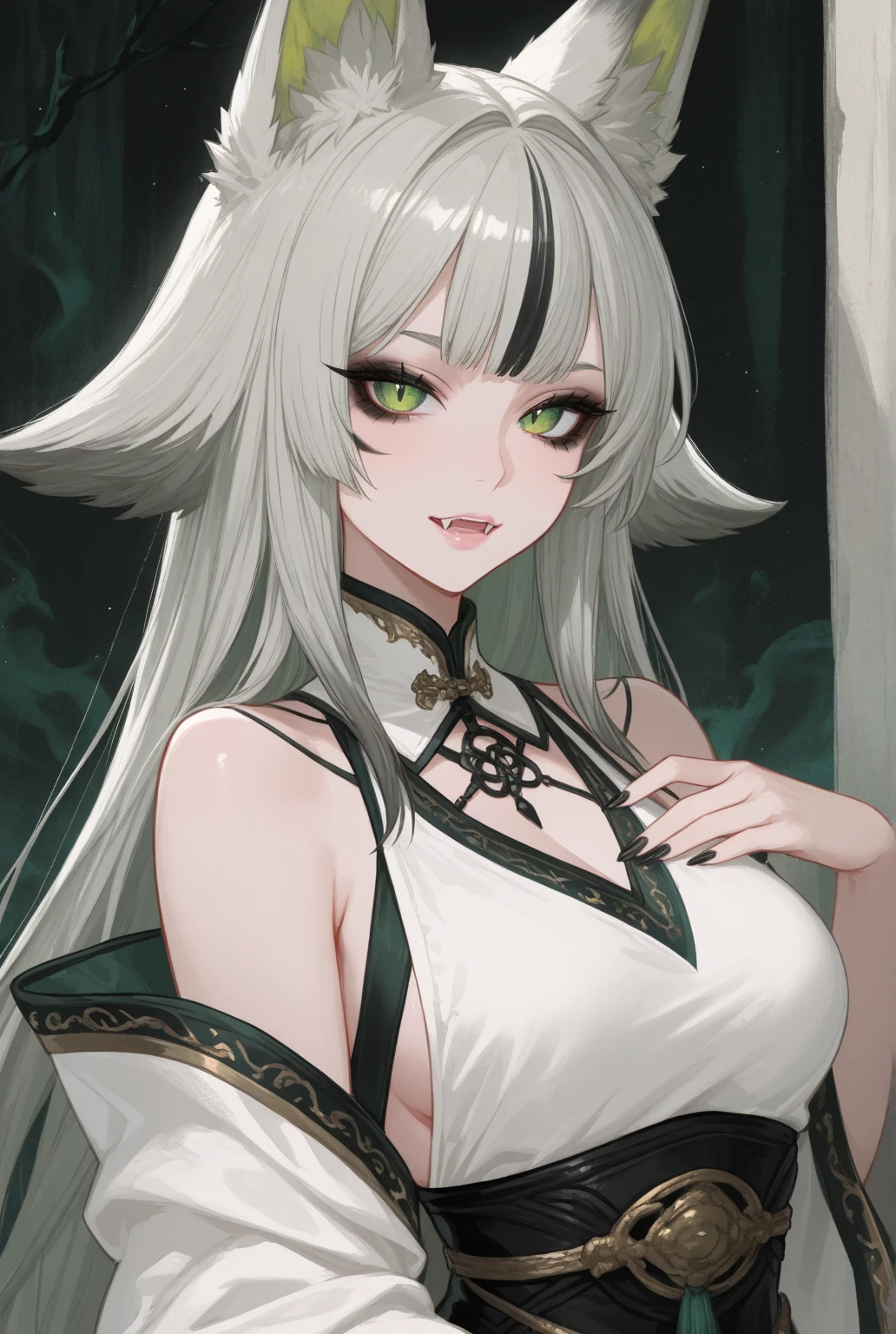 Cobra-Girl, high, A slim body, small figure, ((((white scales)))), covered with scales , horns, fangs, claws, green eyes, upturned nose, mature, White hair, in a dress, Beautiful woman, ancient goddess of death, The Goddess of Snakes, evil queen , High quality, masterpiece , сбалансированная окраска, глобальное освещение, Трассировка лучей, хорошее освещение