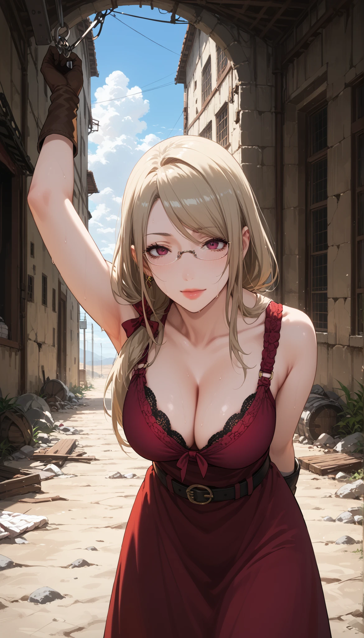 Score_9, Score_8_up, Score_7_up, Score_6_up, Score_5_up, Score_4_up, Source_anime, anime art, anime style, masterpiece, best quality, 1girl, mature woman, , , Rize Kamishiro,,sweating, looking at  you,   lips, , in pain face, long hair ,glasses on, casual clothes,  ,saggy breasts , , , rose bra, A lone alchemist standing in a vast post-apocalyptic wasteland, cracked desert earth stretching to the horizon, rusted ruins of old industry half buried in sand, the alchemist wears patchwork leather and metal scrap , intricate glowing sigils and chalk runes painted on gloves and mask, glass vials and broken test tubes hanging from belts, holding a homemade brass-glass alembic that emits faint colored smoke, the sky is orange-brown smog with burnt shadows, harsh dramatic lighting, ultra detailed, cinematic composition, 35mm photography look, high contrast, gritty, dark science fantasy aesthetic , showing cleavage  , bending down