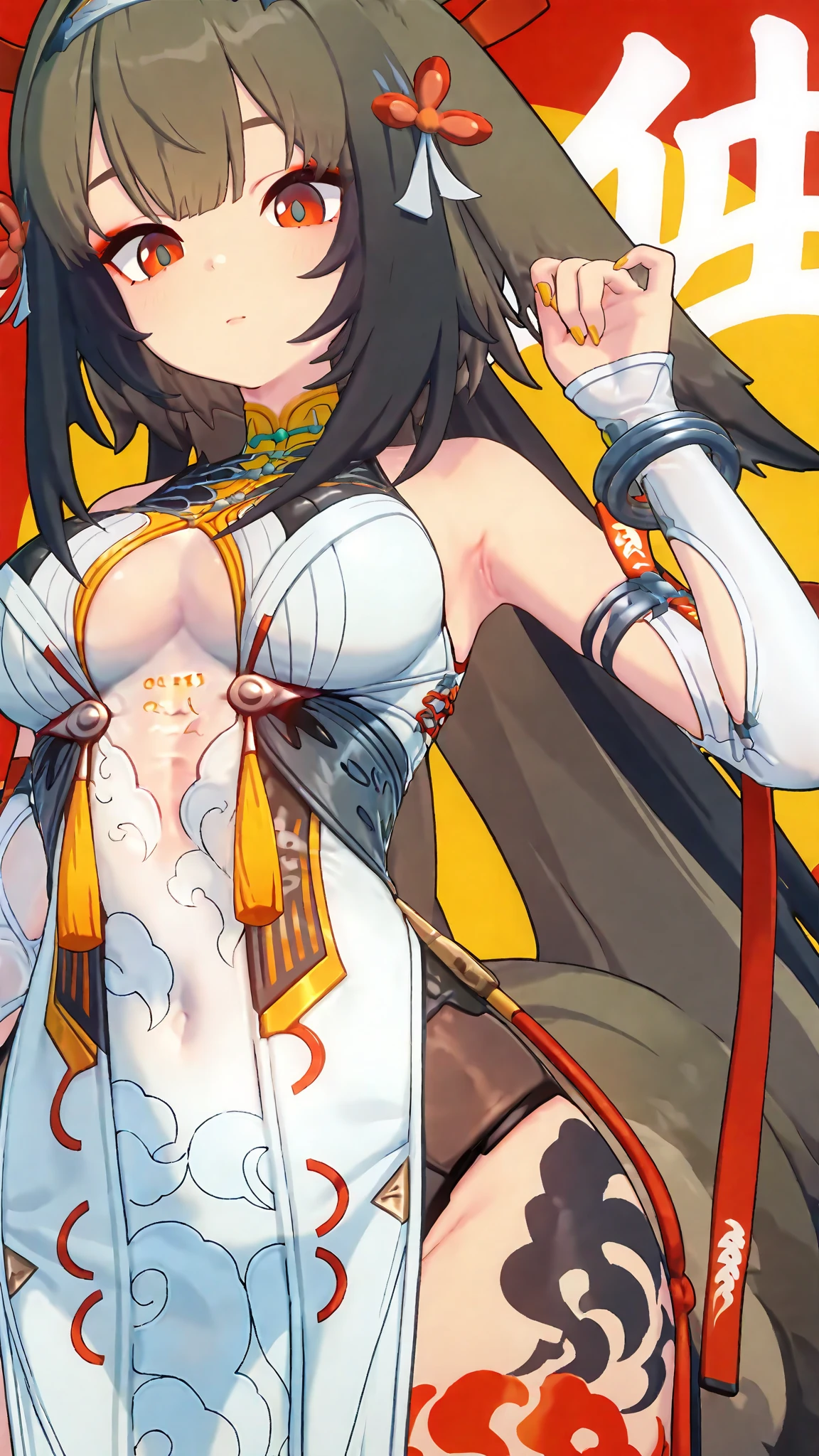 score_9,score_8_up,score_7_up, , source anime, 1girl, armpits, arms up, belt, black hair, blush, , covered navel, earrings, flower, frown, gloves, hair between eyes, hair flower, hair ornament, hat, jewelry, , long hair, looking at viewer, mitre,  tabard, , red eyes, solo, tabard, thighs, white gloves