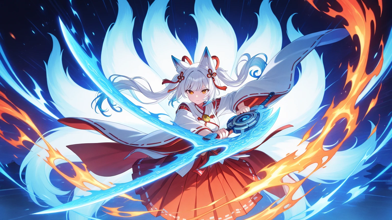 fox Light blue hair 　beast girl　indigo fur　fox beast girl　fox Light blue hair 　beast girl　indigo fur　fox beast girl　Wallpaper 4k,8k,highly detailled,,vivid colors,detailed kitsune with 9 tails,traditional Japanese artwork,tatami floor,beautiful cherry blossoms,floating lanterns,dark silhouette of a pagoda,subtle moonlight,dense forest,ethereal atmosphere,dappled sunlight,whimsical spirit,serene expression,elaborate kimono and obi,delicate hand-painted details,luminous eyes　Anime Style　fox　blue　White-faced golden-haired nine-tailed fox　Coat blue　　　mysterious background　Blue Flame　girl　have a ball of light Anime Style　fox　blue　White-faced golden-haired nine-tailed fox　Coat blue　　　mysterious background　Blue Flame　girl　have a ball of light