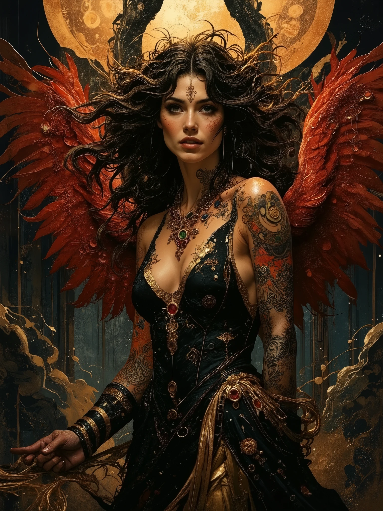 In a dreamlike realm of cinematic darkness and deep shadows, a ravishingly beautiful caramel-skinned goddess stands provocatively alive with curves accentuated by her black low-cut dress embroidered with sacred equations and esoteric symbols in shimmering gold thread. Her wild curly brown hair frames a seraphic face with smoldering black eyes that gaze at the viewer in an eldritch manner as she grins roguishly while weaving an incantation. Majestic feathery red leather wings with shimmering scales unfold dramatically from her back while a large gold and ruby necklace radiates an otherworldly aura around her neck. Behind her, a titanic cosmic maelstrom churns with glimmering phantasmagoria and eerie cosmic forms as she unleashes nature's powers in a blast of magical energy. The atmosphere features atmospheric haze, low-key lighting and masterful chiaroscuro techniques. The surreal fantasy scene blends the dark mystical elements of Gerald Brom's Gothic art, the vibrant depth of Noah Bradley's dreamscapes, and the ethereal cosmic aesthetic of Andrew Gonzalez, rendered with meticulous attention to erotic undertones, intricate details, high contrast, believable textures, and photorealistic quality.