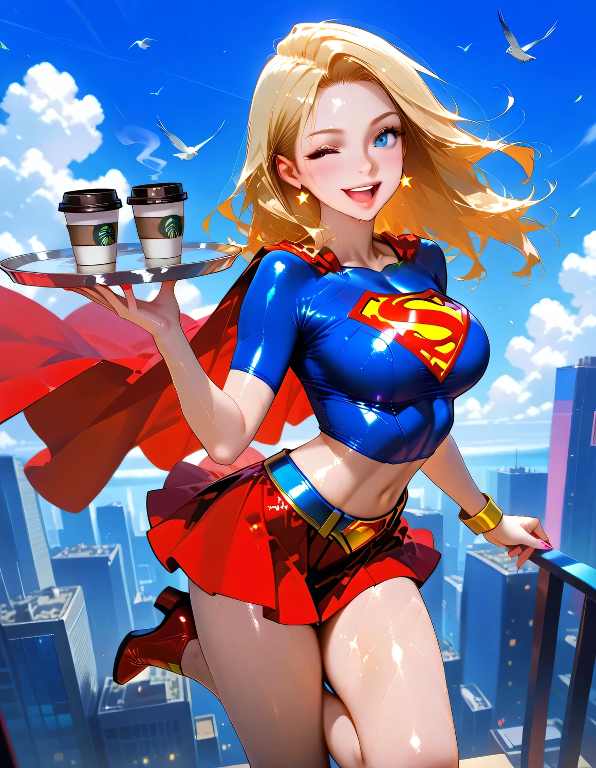 (from side:1.2),(from above:1.2), Looking up, looking at viewer,(smile),(wink:1.2), blush, open mouth, wind effect, hair fluttering in the wind, (levitation, floating:1.4), arching back,(Holding a tray with a coffee cup on it:1.5), ((best quality)),((masterpiece)),high resolution, sharp focus,(ultra detailed, highly detailed),(highly detailed CG unity 8k wallpaper),(((vibrant colors))), {best illustration}, shiny body, plastic glitter skin, lustful skin,(oily skin),(glistening skin:1.2), Detailed skin, ((complete anatomy)), 5 fingers, perfect fingers, 1Girl, Suchwet, DC_Comics_Supergirl, 1girl, blonde hair, long hair, large breasts, blue eyes, jewelry, earrings, nail polish, lips, makeup, traditional media, lipstick, superhero, blue crop top shirt, midriff, navel, red miniskirt, belt, red cape, Bird's-eye view, sky, white clouds, urban sky,