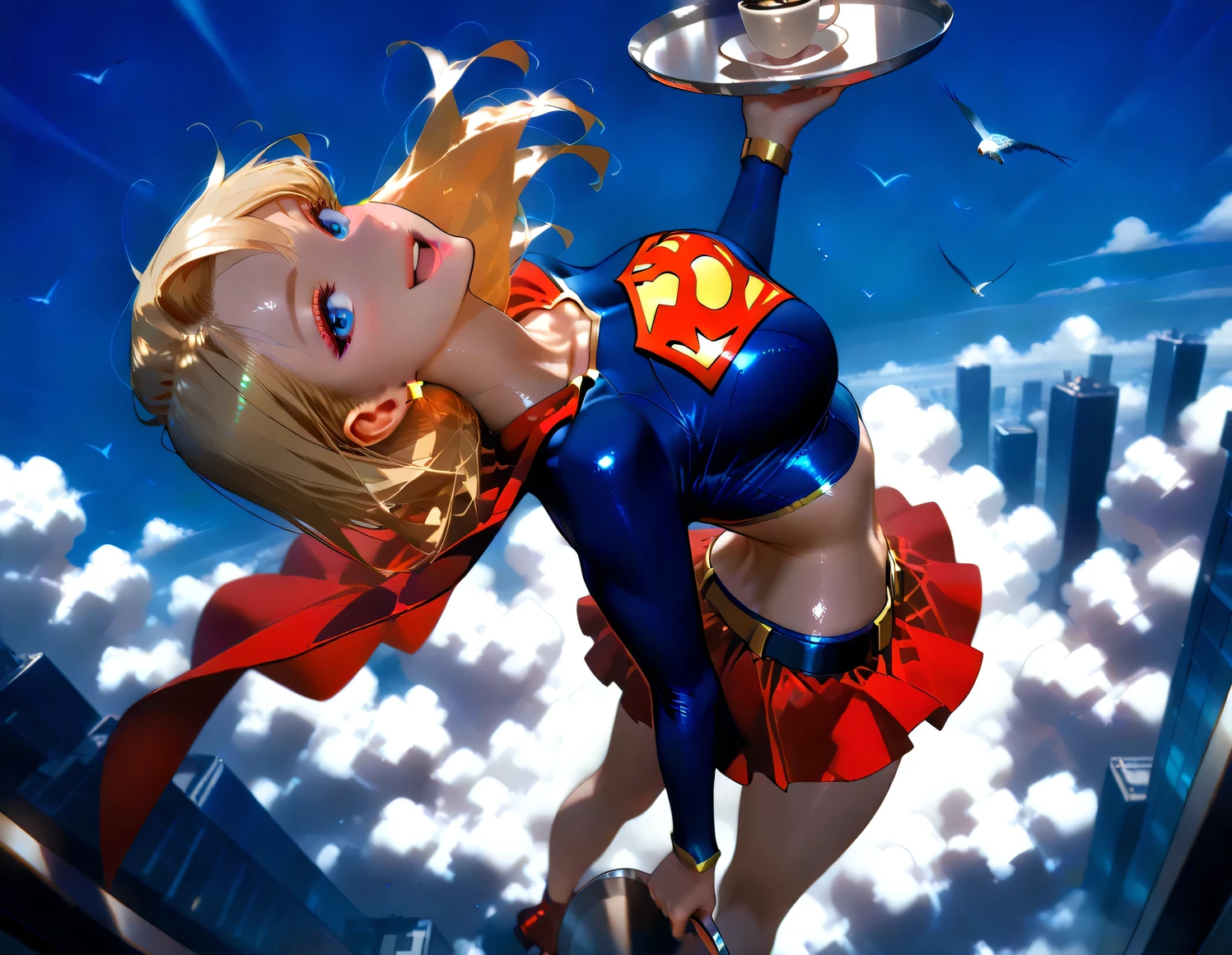 (arching back:1.5),(from side:1.2),(from above:1.2), Looking up, looking at viewer,(smile), blush, open mouth, wind effect, hair fluttering in the wind, levitation, floating, (Holding a tray with a coffee cup on it:1.5), ((best quality)),((masterpiece)),high resolution, sharp focus,(ultra detailed, highly detailed),(highly detailed CG unity 8k wallpaper),(((vibrant colors))), {best illustration}, shiny body, plastic glitter skin, lustful skin,(oily skin),(glistening skin:1.2), Detailed skin, ((complete anatomy)), 5 fingers, perfect fingers, 1Girl, Suchwet, DC_Comics_Supergirl, 1girl, blonde hair, long hair, large breasts, blue eyes, jewelry, earrings, nail polish, lips, makeup, traditional media, lipstick, superhero, blue crop top shirt, midriff, navel, red miniskirt, belt, red cape, Bird's-eye view, sky, white clouds, urban sky,