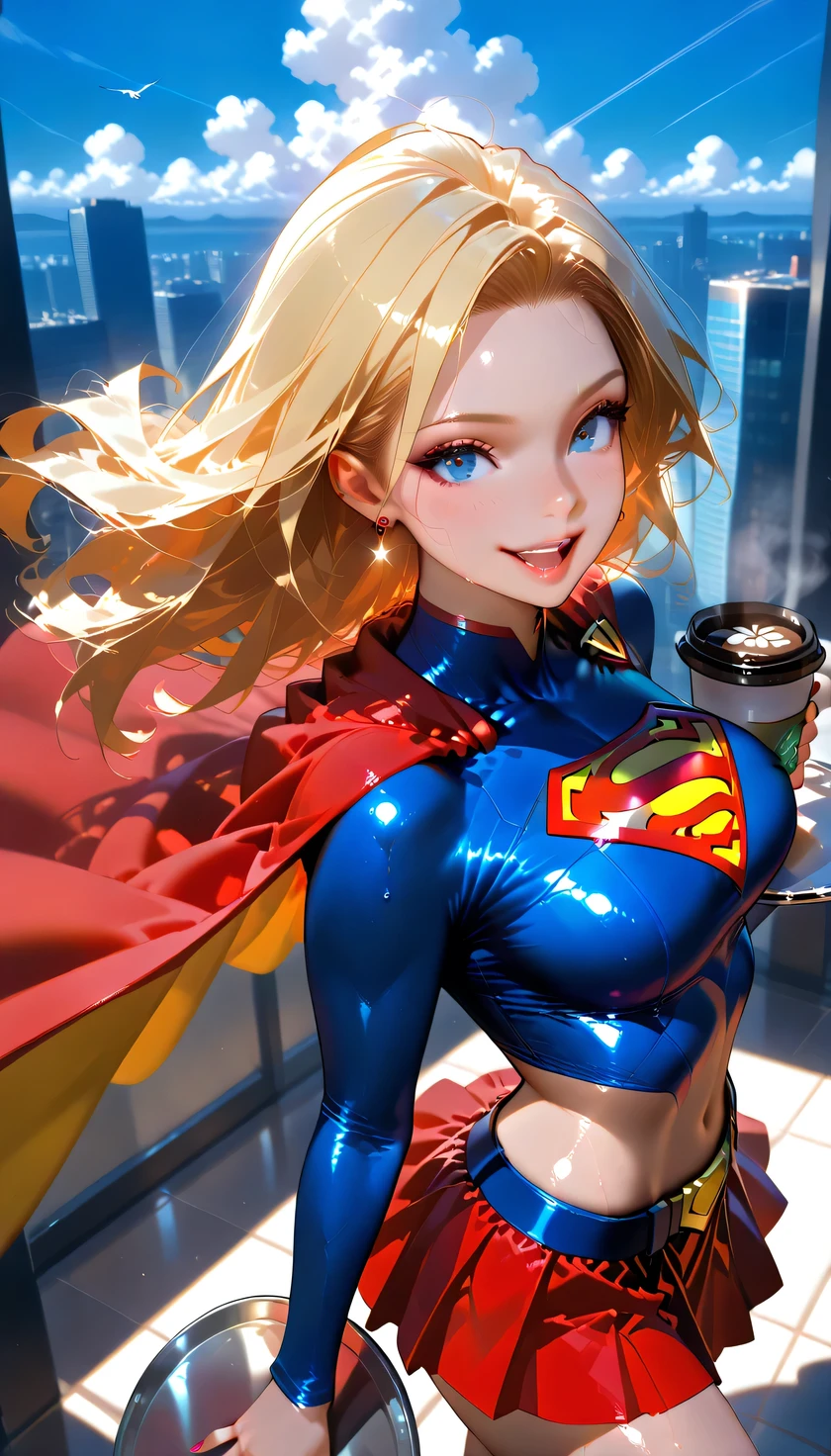 (from side:1.2),(from above:1.2), Looking up, looking at viewer,(smile), blush, open mouth, wind effect, hair fluttering in the wind, levitation, floating, (Holding a tray with a coffee cup on it:1.5), ((best quality)),((masterpiece)),high resolution, sharp focus,(ultra detailed, highly detailed),(highly detailed CG unity 8k wallpaper),(((vibrant colors))),
{best illustration}, shiny body, plastic glitter skin, lustful skin,(oily skin),(glistening skin:1.2), Detailed skin,
((complete anatomy)), 5 fingers, perfect fingers, 1Girl, Suchwet, DC_Comics_Supergirl, 1girl,
blonde hair, long hair, large breasts, blue eyes, jewelry, earrings, nail polish,
lips, makeup, traditional media, lipstick, superhero,
blue crop top shirt, midriff, navel, red miniskirt, belt, red cape, Bird's-eye view, sky, white clouds, urban sky,