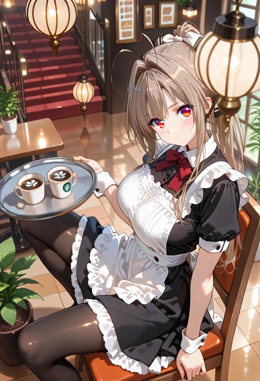 (cowboy shot), (Sitting one Knee Up),(open legs wide, spread legs),reclining,(head tilt),
(from side:1.2),(from above:1.2), Looking up, looking at viewer, one arm behind head, (sitting in a chair), reclining、 (Holding a tray with a coffee cup on it:1.5), blush, ((best quality)),((masterpiece)),high resolution, sharp focus,(ultra detailed, highly detailed), (highly detailed CG unity 8k wallpaper),(((vibrant colors))),{best illustration}, shiny body, plastic glitter skin, lustful skin, (oily skin), (glistening skin), Detailed skin, ((complete anatomy)), 5 fingers, perfect fingers, 1Girl, Suchwet, large breasts, Glamorous, isuzu sento, long hair, brown hair, bow, brown eyes, ponytail, hair intakes, antenna hair,Maid costume, frilled apron, mini skirt, black pantyhose,
, zettai ryouiki, (from side), (from above:1.2), Looking up, looking at viewer, (Indoors),((Interior of a cafe with soft light)),(Many antique tables and chairs), ((Framed paintings, potted plants, stairs, hanging lamps, (cafe supplies: 1.2), coffee bean shelves)),((Reflected light)),