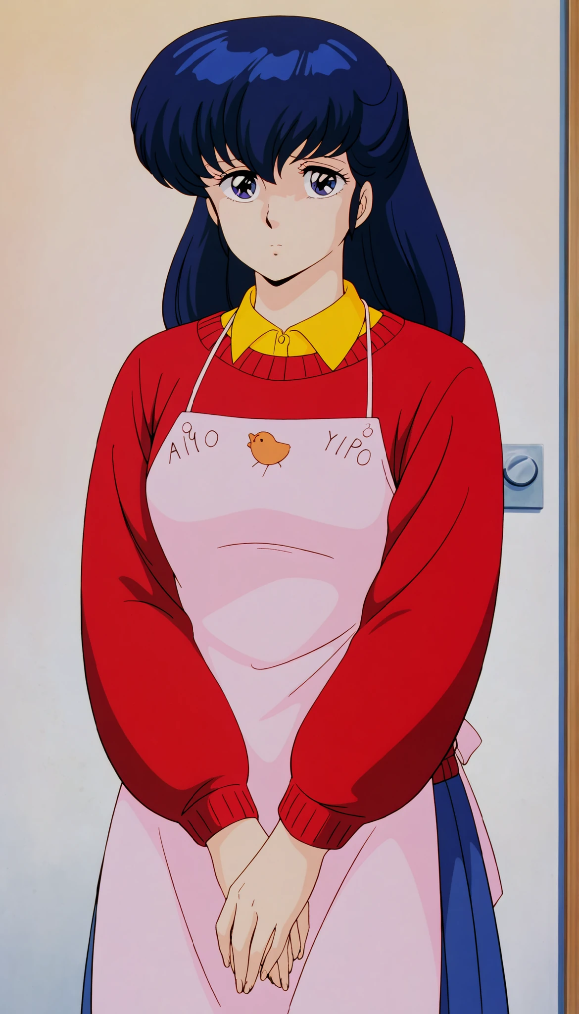 clean, {{scan}}, {{{masterpiece}}}, {{{high quality}}}, {{{animated}}}, anime colored, {{{official art}}}, perfect body, perfect face, extreme detail, perfect anatomy, intricate, retro 1980s, (highly detailed), solo, 1girl ,(beautiful details:1.3), perfect eyes, perfect hands, masterpiece,best quality,amazing quality,、otonashi Kyoko, blue hair, long hair, , best quality , Good quality , ,Alone, ,, red sweater, yellow shirt under red sweater, blue long skirt, Apron , A annoying ,compassionate_ , sad Eyes blue shinny , cute _ jealous , solo. Facing toward viewer,