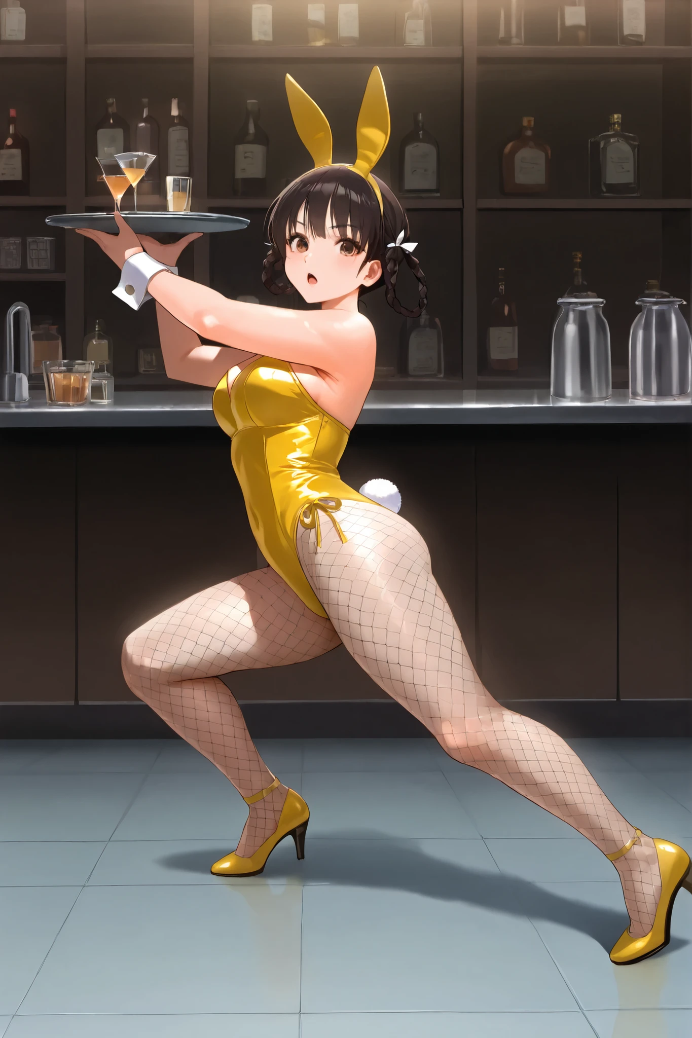 ((((Masterpiece)))), (((( top quality)))),  high definition,fine grain, detailed face ,  　,1girl,,,,, black hair, side braids, twin braids, braided hair rings, (brown eyes,,,,,,beautiful eyes:1.0),  bangs,slender,,,,,,,, leifan, ,,,cleavage,,,,yellow bunnygirl suit, sleeveless, High Heels,,,,, fishnet pantyhose,bow tie,cuffs,Bunny headband,,naked shoulders,,,soft brown eyeshadow, thin eyeliner, , ,, peach glossy lips,,,,,,,,, ,large Breasts,　　, ,,,,fighting stance,,serious,(holding a tray:1.4),,,(open mouth:1),(close eyes:0.0),,(close one eye,wink:0.0),,,,,,,(on all fours:0.0),, mai_pose_kf_1,fighting_stance, standing_on_one_leg,fighting_stance,,,, (standing on one leg,,,,, standing up straight ,,,,cross arms:1.0),,full body,,, Long legs, beautiful legs, beautiful thighs, (knees up high, back straight,arched back:1.0),,,,,,bar,bar counter,,,,,upper body