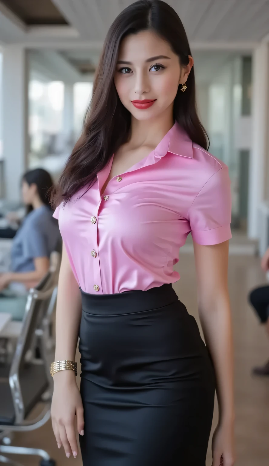  an office lady,  was in the office ,   wearing a pink satin formal shirt,   using a maxi skirt in satin material long to the toe in black,   very large breasts,  red lips 