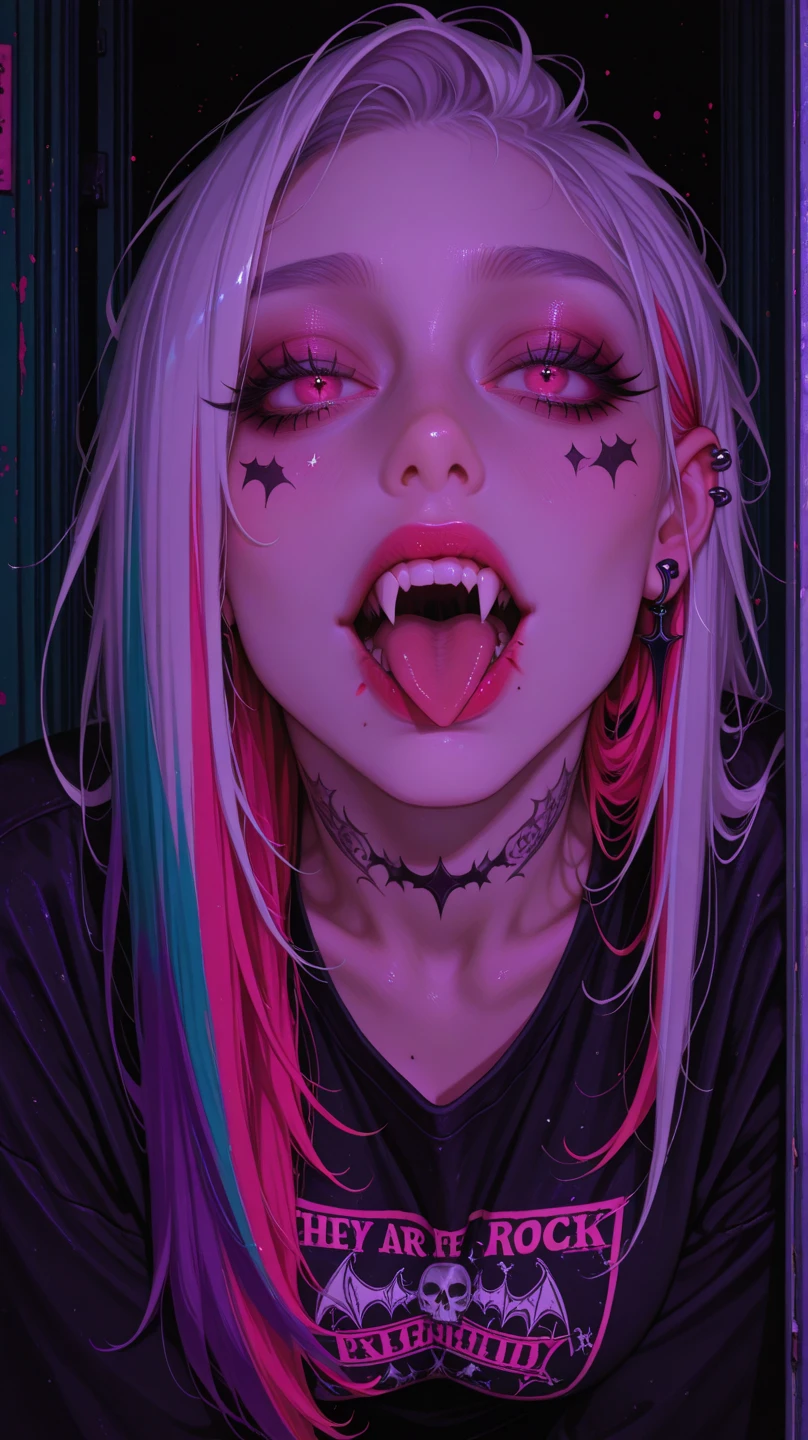 1girl, deranged smile, wide eyes, blood splatter, insane expression, shadowy corridor, broken porcelain doll aesthetic, flickering lights, tilted head, disturbing atmosphere, horror face, grinning, bloodstained clothes, looking at viewer, cursed art, masterpiece
, punk girl, tattoo , evil expressions, open mouth widely, tattoo, double teeth, ,,,,,horror anime characters, glow eyes, ,,,