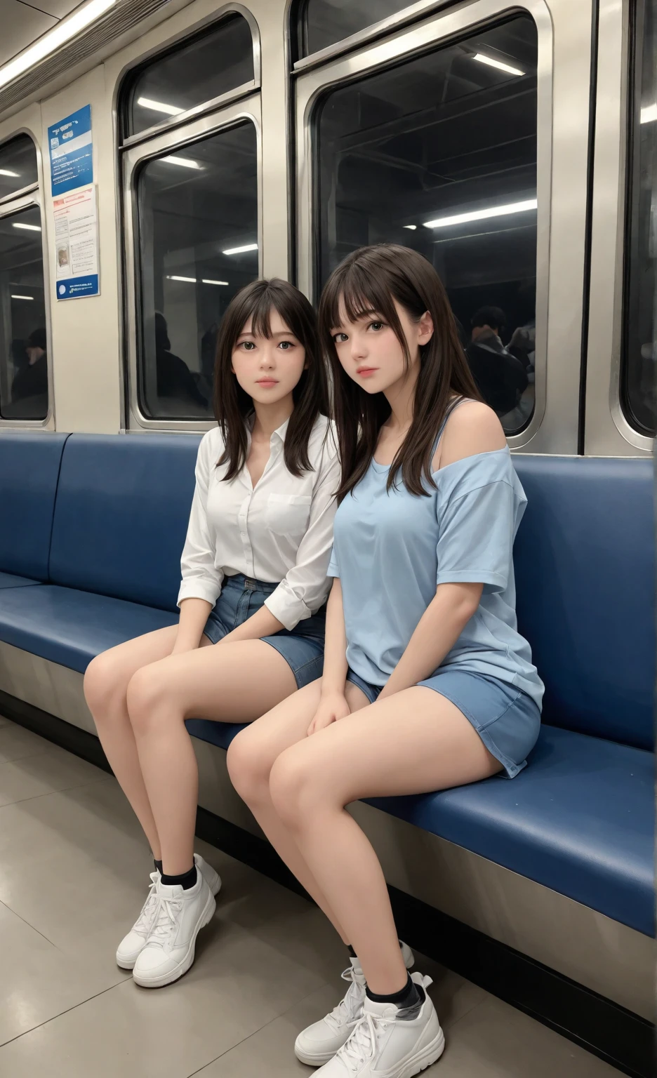 8K resolution, Ultra-realistic, Super detailed, high quality, (Two Girls:1.1), Sitting in a seat, in the train, , School Bags, shirt, (From below:1.2), One girl looking over her shoulder,1 Girl, Beautiful Japanese Woman, thin rag, (Stick your butt out: 1.2), Beautiful Face, short hair, (Huge breasts, Cleavage:1.2),(Swimsuit:1.3), (),cute,cute,Wet,, Buckshot,, One girl looking over her shoulder,Idol Sculpture, Korean Idol, Nogizaka idol, Put your arms behind your back,Raise your arms,(Digression)