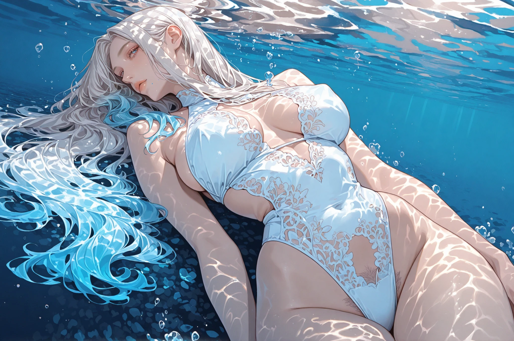 a white-skinned woman with white hair, rosy cheeks, a shy expression, wearing a swimsuit, hyper realistic, 8k, extremely detailed, high quality, photorealistic, masterpiece, beautiful detailed eyes, beautiful detailed lips, extremely detailed face, long eyelashes, soft lighting, warm colors, elegant, nature, summer, beach