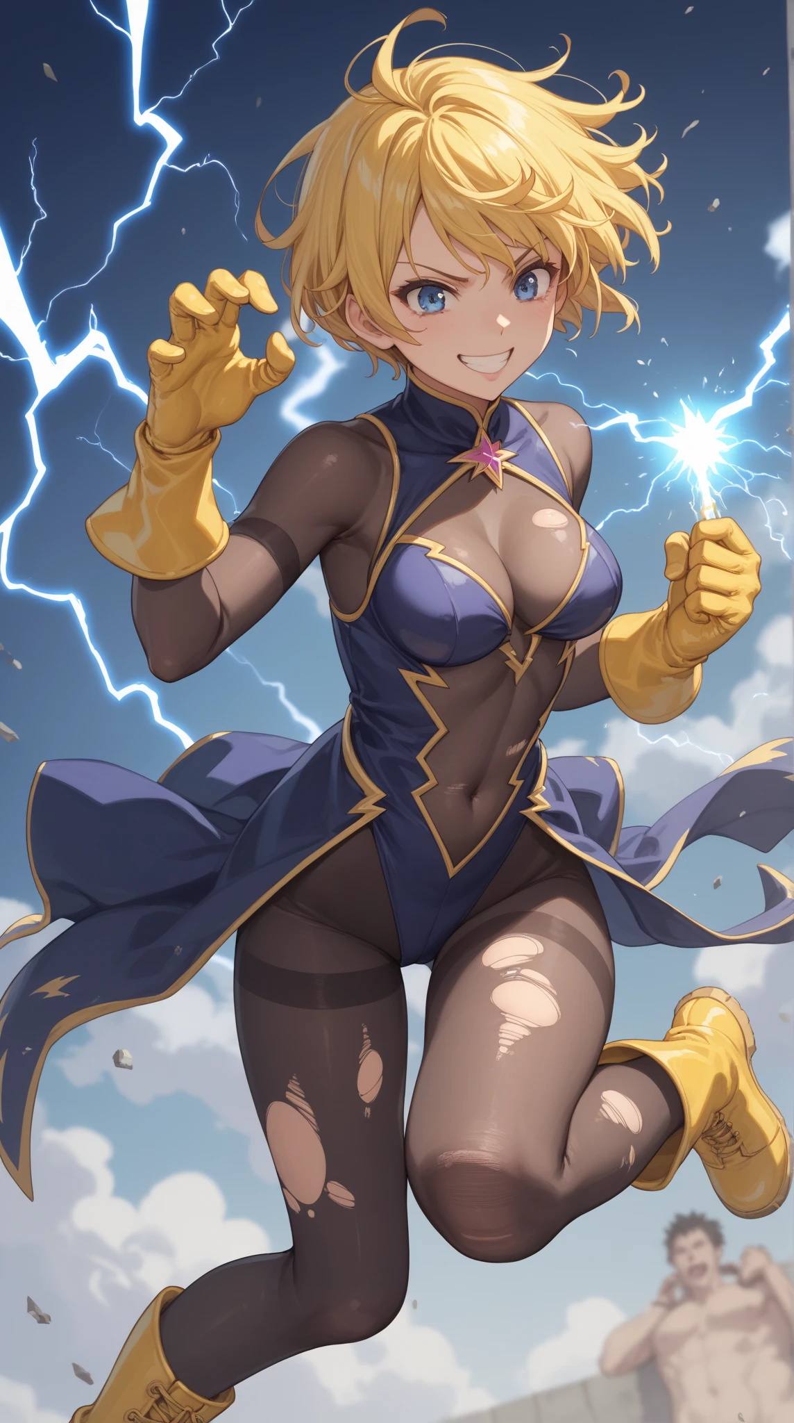 score_9, score_8_up, score_7_up,high res image,masterpiece,best quality,girl,cute face,clear skin,shiny hair,ultra detailed eyes,anime style, perfect face, ultra-detailed seductive eyes, beautiful face, masterpiece, best quality, very aesthetic, absurdres,masterpiece, best quality, amazing quality, very aesthetic, absurdres, 1girl, solo, pale, town in the background, Tomboy girl, short hair, yellow hair color, blue eyes, calm face, cute face, small ???????, medium sized thighs, lightning powers, fighting stance, crazy face, ???? heroine costume, ????, ??????, you can see her pubic hair, you can see her ???????, 