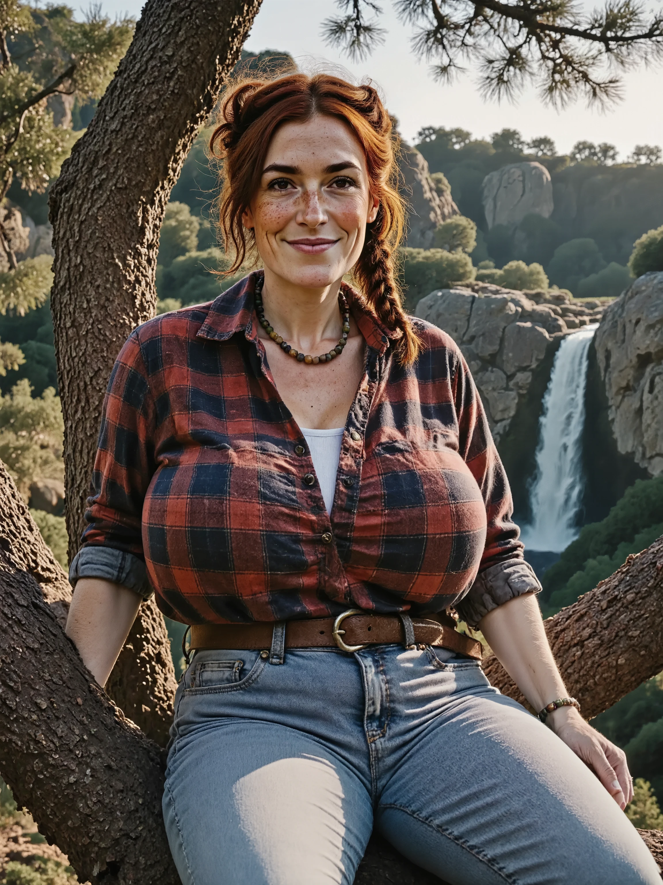 Margaret is sitting in a tree on a tree branch. She's wearing a plaid shirt tied into a knot under her breasts. light blue jeans. hair made into a messy hairdo with small braids and loose strands of hair.  she looks in the camera with a smile and mischievous expression. highly detailed.  She has Large breasts and voluptuous figure. a bead necklace around her neck, leather bracelet. leather belt with a large buckle.  She's sitting in a big pine tree, behind her a rocky canyon with a waterfall.