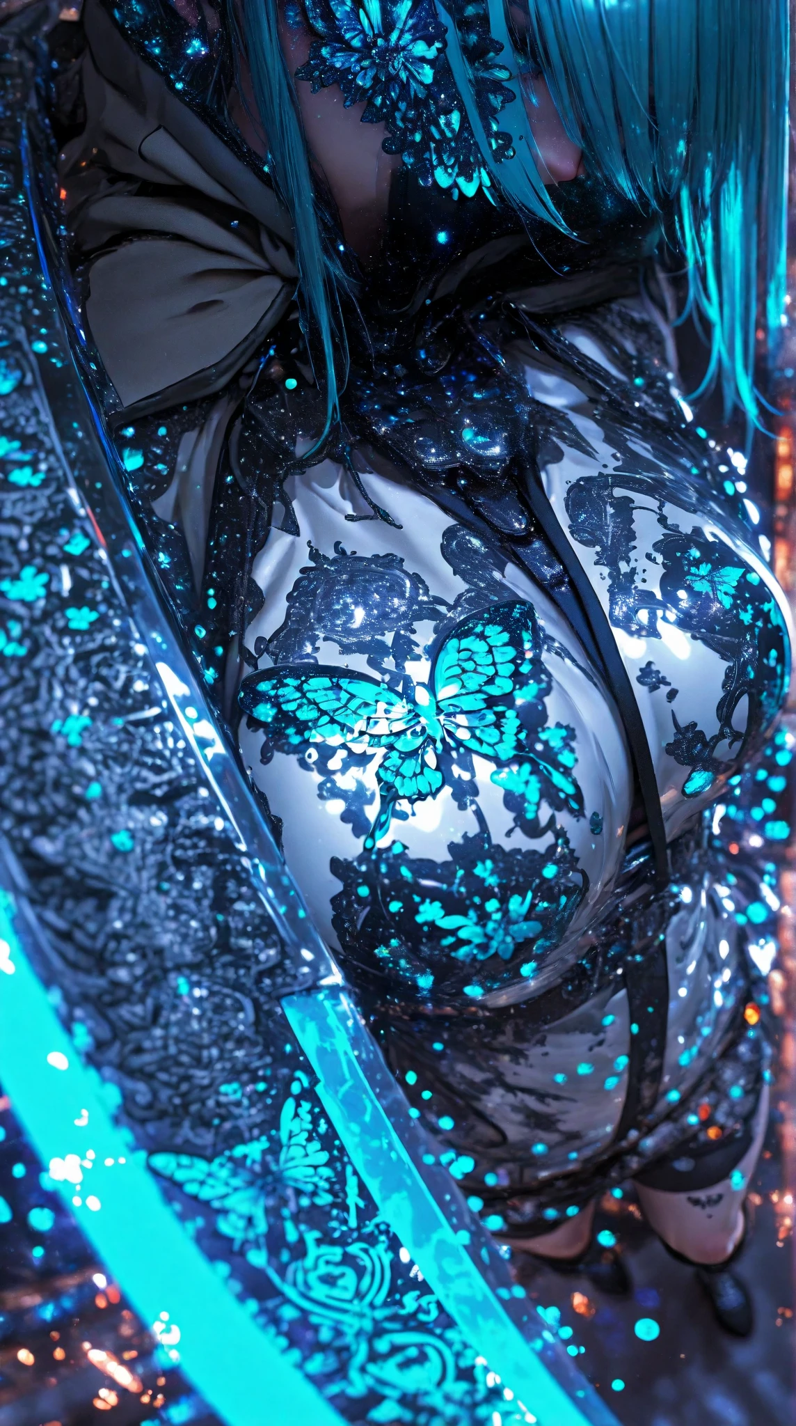  Big woman inside the manga tree at night setting there she looks like fairy tale wearing glowing butterfly effect clothes full personality, long hairs, realistic face,clear face,nose,pinkchick,view POV from gorgeous face