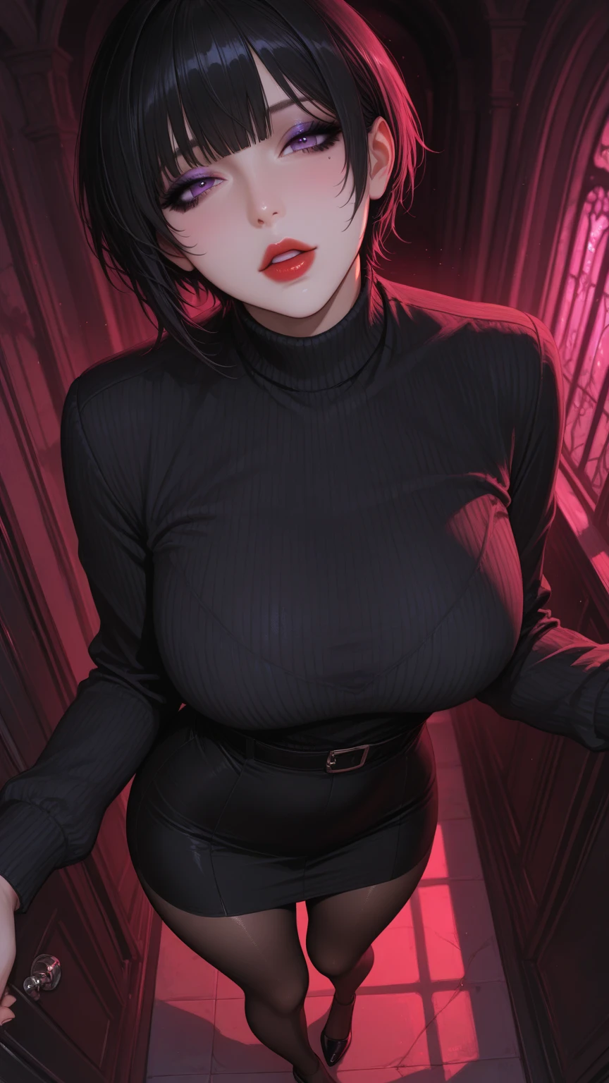 score_9, score_8_up, score_7_up, score_6_up, uncensored, yukinoshita yukino, absurdly long hair, grey eyes, black hair, very long hair, ????? face, blush face, lips, naughty face, shiny skin, sweating, steaming body, curvy, voluptuous, glowing eyes, heavy breathing, (small ???????:1.3), ????????, official ????????, cape, hood, (detailed body, detailed face:1.5), (dim lighting:1.3), a woman in a black lingerie sitting on a couch in a room with a window and potted plants, transgressive art, cyberpunk art, Fan Qi, anime art, 