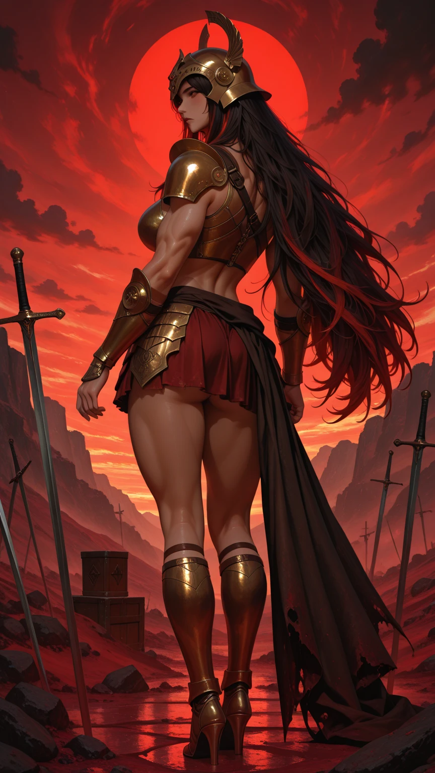 Tall, muscular woman with muscles full of veins marking her clothes, black hair, olive skin, huge breasts, wearing very short gladiator combat attire, holding a long sword, Coliseum background with lots of blood and dead beings