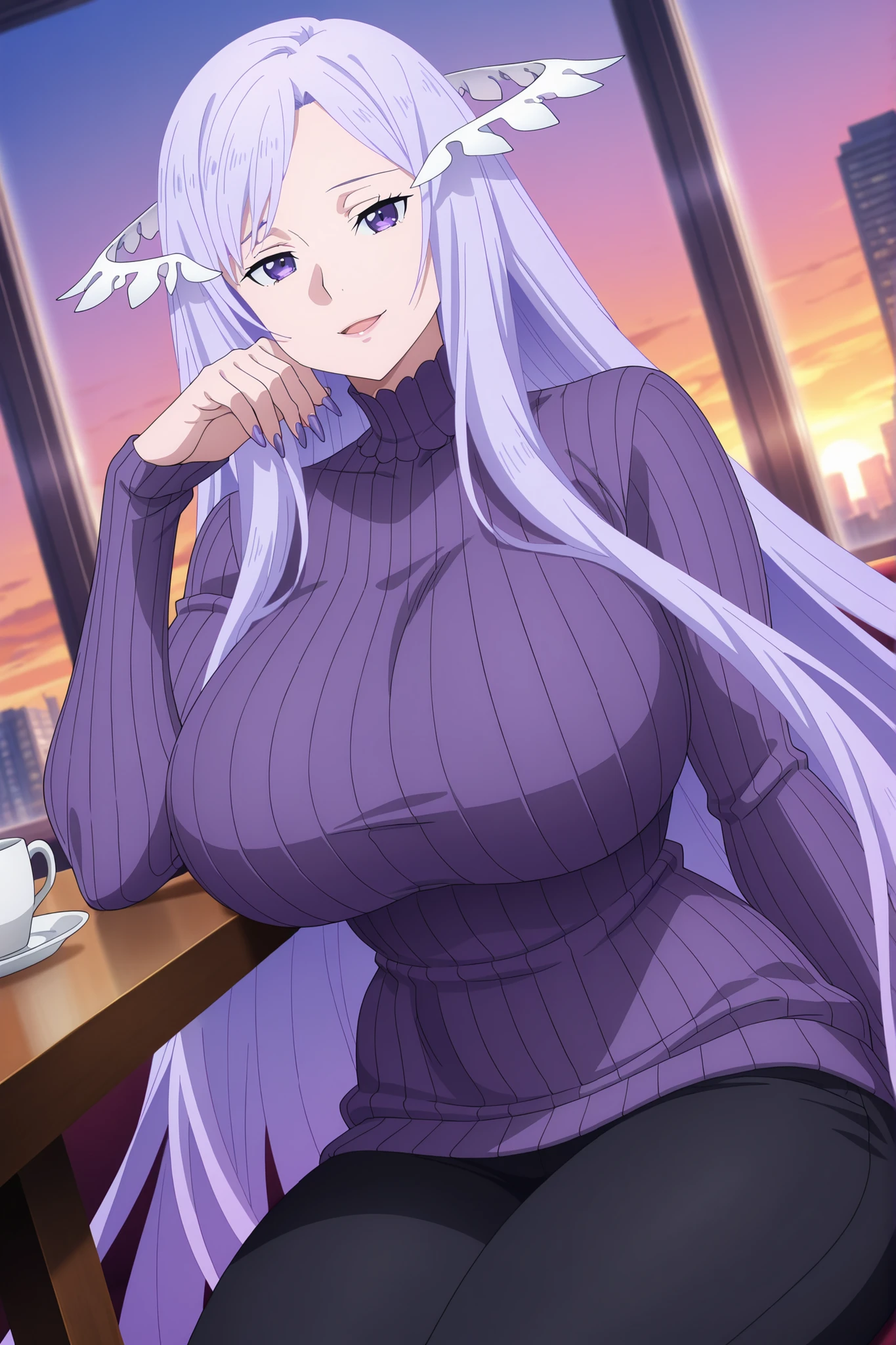 newest , masterpiece , anime screencap , anime coloring , masterpiece, best quality, quinella, 1girl, Mature female, motherly, long hair, purple nails claws, light purple hair, sidelocks, purple eyes, attractive face, ractical body shape, glamorous bodies, attractive bodies, motherly, large Curvy, Slutty, Neat, big breast, huge buttocks, thick thighs, Toned thighs, huge thighs, high body, ((purple turtleneck sweater, black pants,)), sad Smile, Open Mouth, lips, looking at viewer, sitting, cup, elbow rest, table, alone, cowboy shot, dutch angle, city filipino, Sunset,