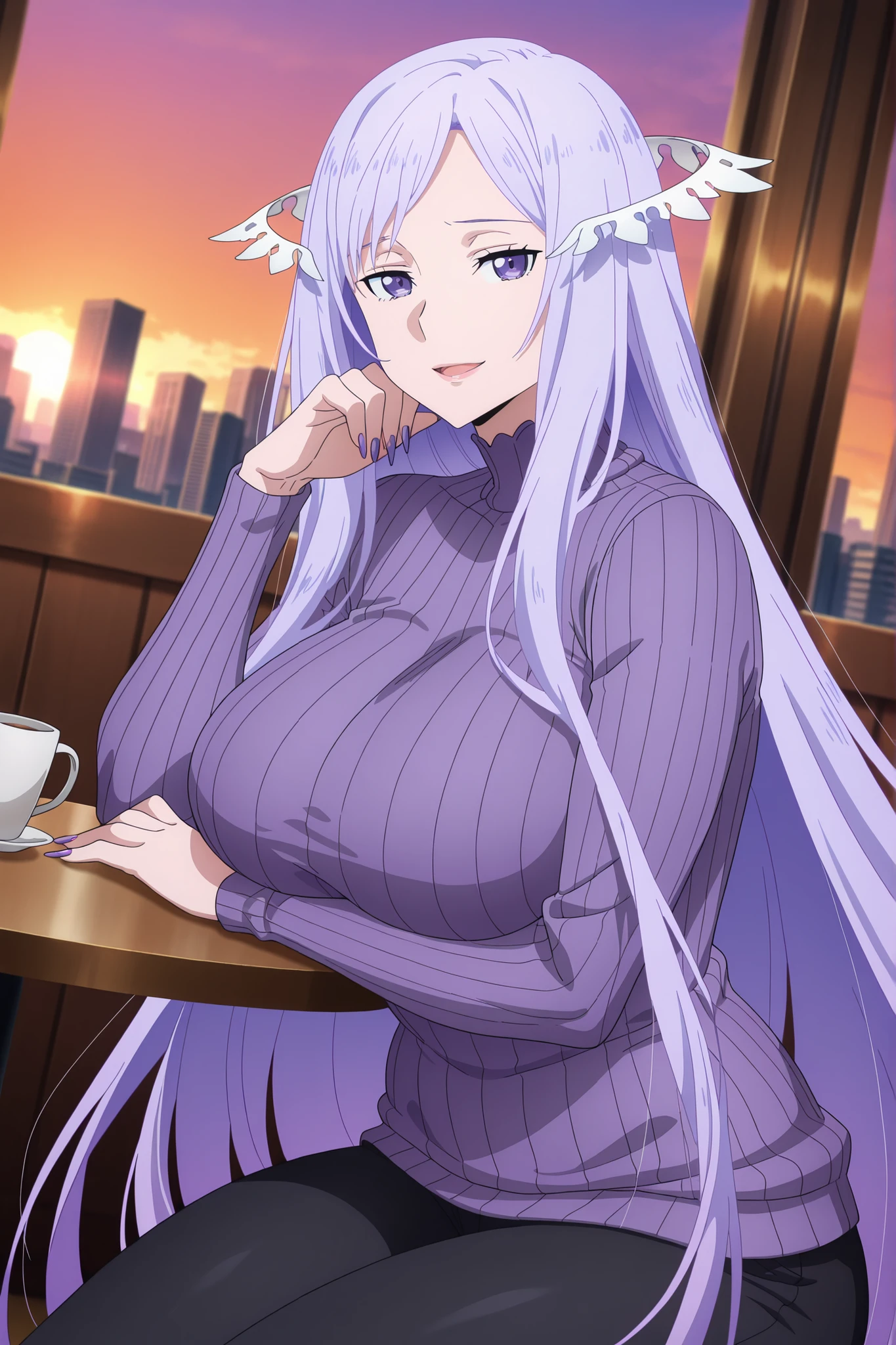 newest , masterpiece , anime screencap , anime coloring , masterpiece, best quality, quinella, 1girl, Mature female, motherly, long hair, purple nails claws, light purple hair, sidelocks, purple eyes, attractive face, ractical body shape, glamorous bodies, attractive bodies, motherly, large Curvy, Slutty, Neat, big breast, huge buttocks, thick thighs, Toned thighs, huge thighs, high body, ((purple turtleneck sweater, black pants,)), sad Smile, Open Mouth, lips, looking at viewer, sitting, cup, elbow rest, table, alone, cowboy shot, dutch angle, city filipino, Sunset,