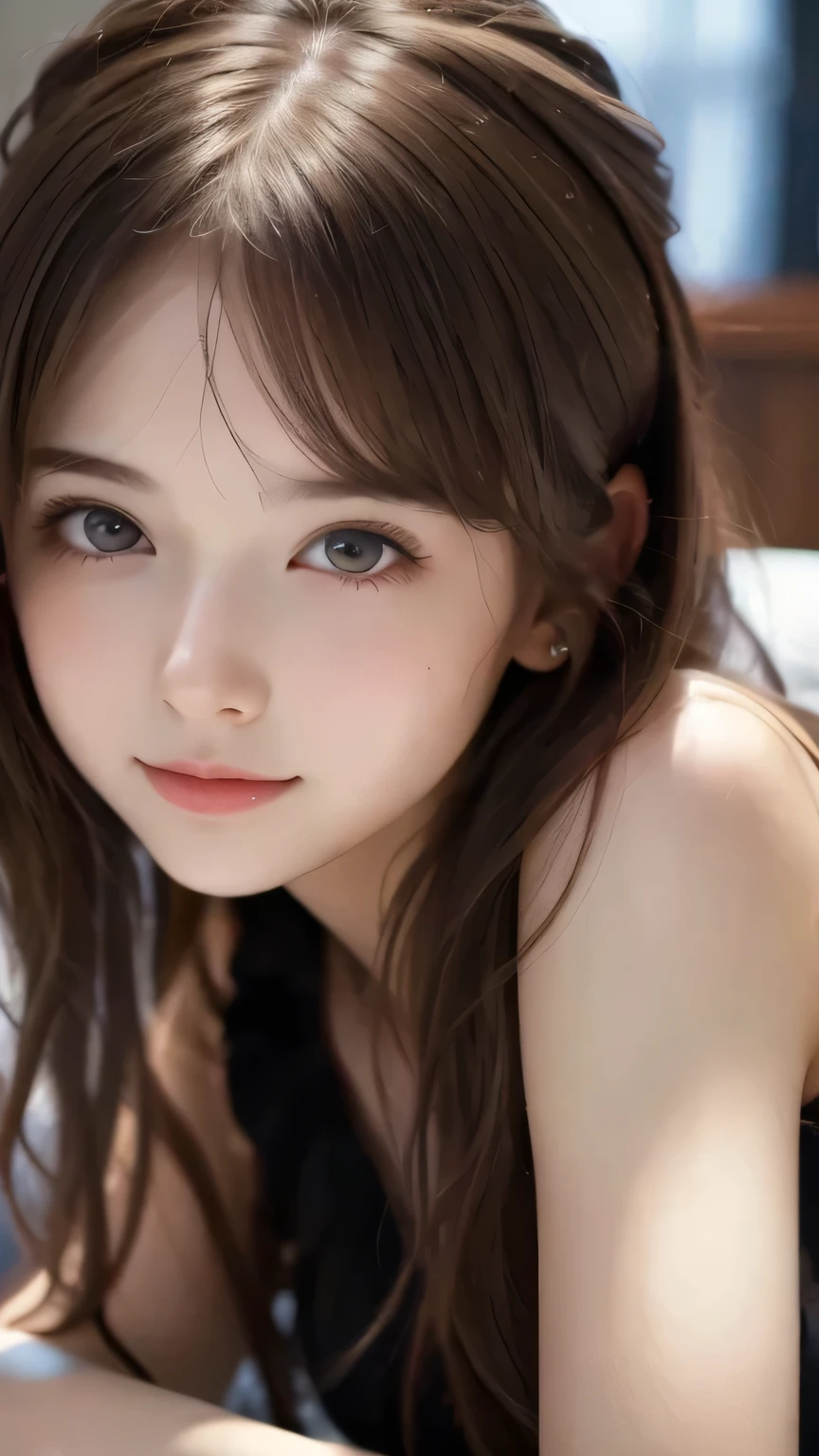 Very Cute Girls, 8k, top quality, masterpiece, ultra high resolution, (reality : 1.4), Original image, (reality的な感覚), Portrait, close-up, Detailed Facial Features, gentle expression, Sitting posture, covered with ivy and moss, Decorative Dress, flutter hair, intricate jewelry, Natural Lighting, soft background, Using Dull Colors , Oil, Master Quality, realistic, HDR, ultra high resolution, extremely detailed,Young and cute woman lying on esthetic bed,Wearing a white camisole