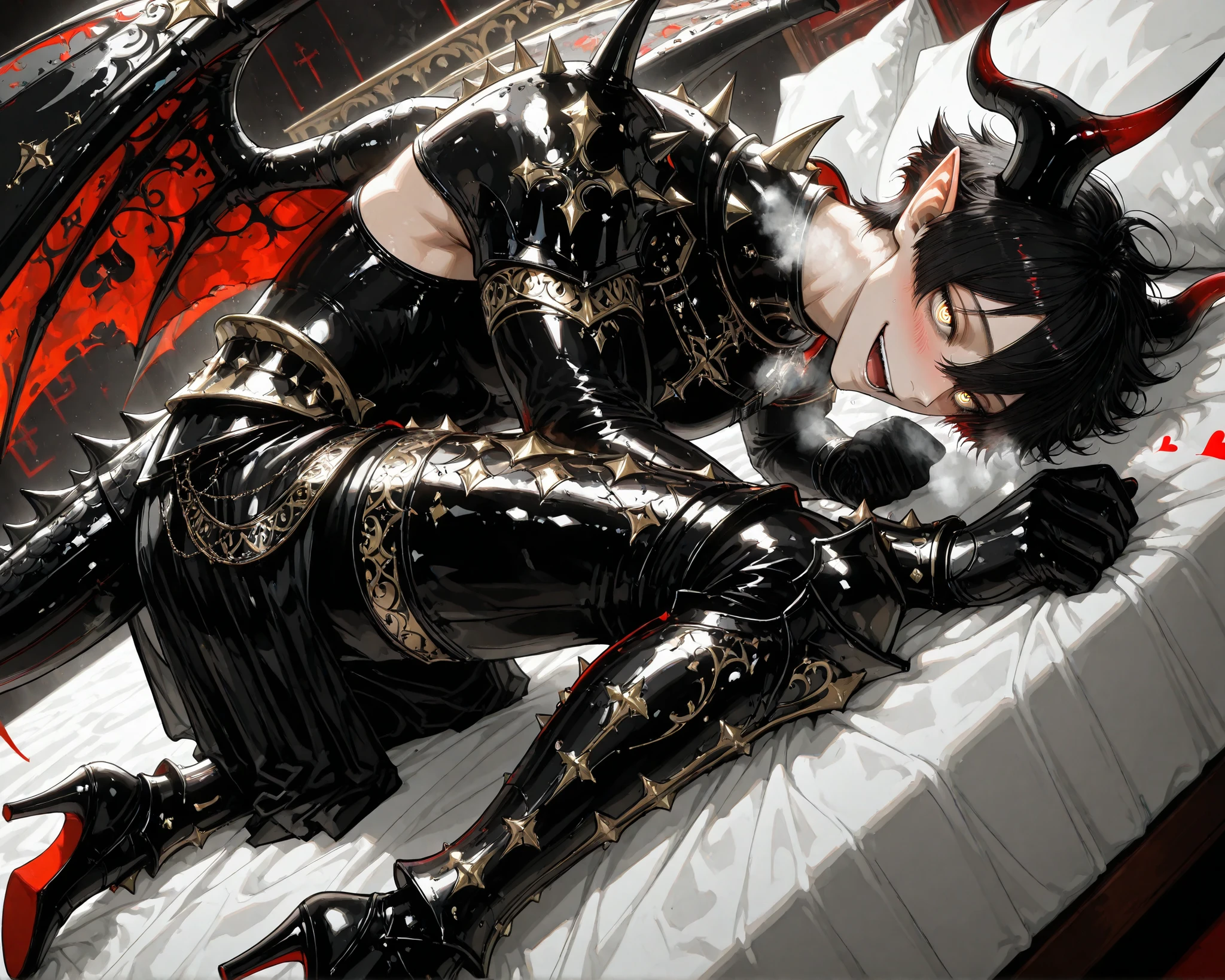 score_9, score_8_up, score_7_up, absurdres, (((128K Ultra High Resolution))), (masterpiece, best quality: 1. 5), (high definition: 1. 4), (highres), 8K wallpaper, (excellent graphics: 1. 5), CG, (((Japanese Anime style))), (1 male), (solo), (((lean body, masculine))), weredragon, glossy black, shiny black leather, (((beautiful golden eyes, finely detailed eyes, bright eyes, heart symbol eyes))), hair between eyes, black hair, long hair, sideburns, wild hair, (((sadistic smile, naughty face, open mouth))), ((ultra detailed face)), (((blushing, heavy breathing))), shiny skin, long pointy ears, twisted torso, long-legged, sculpted face, wasp waist, dragon horn, dragon tail, dragon wings, dragon sharp claws, (black armor with a lot of grandiose decorations: 1. 5), half dragon half human, (on a luxurious bed, lying in bed, bed waiting for you: 1. 5), (looking straight into the camera, dutch angle, dynamic pose: 1. 5), (ultra detailed black armor, well-polished black armor: 1. 5), (gold-adorned armor: 1. 5), all black outfit, full body, sharp focus, good-looking man, (best illustration, highly detailed artwork: 1. 5), dramatic lighting, (intricate detail, extreme detailed, super detailed: 1. 5), (stark contrast, heavy shadows: 1. 3), ((detailed black decorations)), beautiful & aesthetic, photoreal, (from side), (mysteriously crafted black metal armor: 1. 5), thick & luxuriant hair, (ultra detailed fantasy black armor, wonderful black armor: 1. 5), (realistic metal texture), broad shoulder, true-to-life visuals, artistically refined, (extremely delicate & beautiful armor, elaborate armor details: 1. 5), (giant black armor, dark armor, stylized armor: 1. 5), (((armor-type high heels))), (extremely detailed armor with intricate engravings, intricate armor with gold ornaments: 1. 5), ((very gorgeous and dazzling)), (dark fantasy black knight: 1. 5), slim waistlines, wide chested, sinewy body, (Hyper Detailed & Perfectly Designed Black Armor: 1. 5), (luxury bedroom)