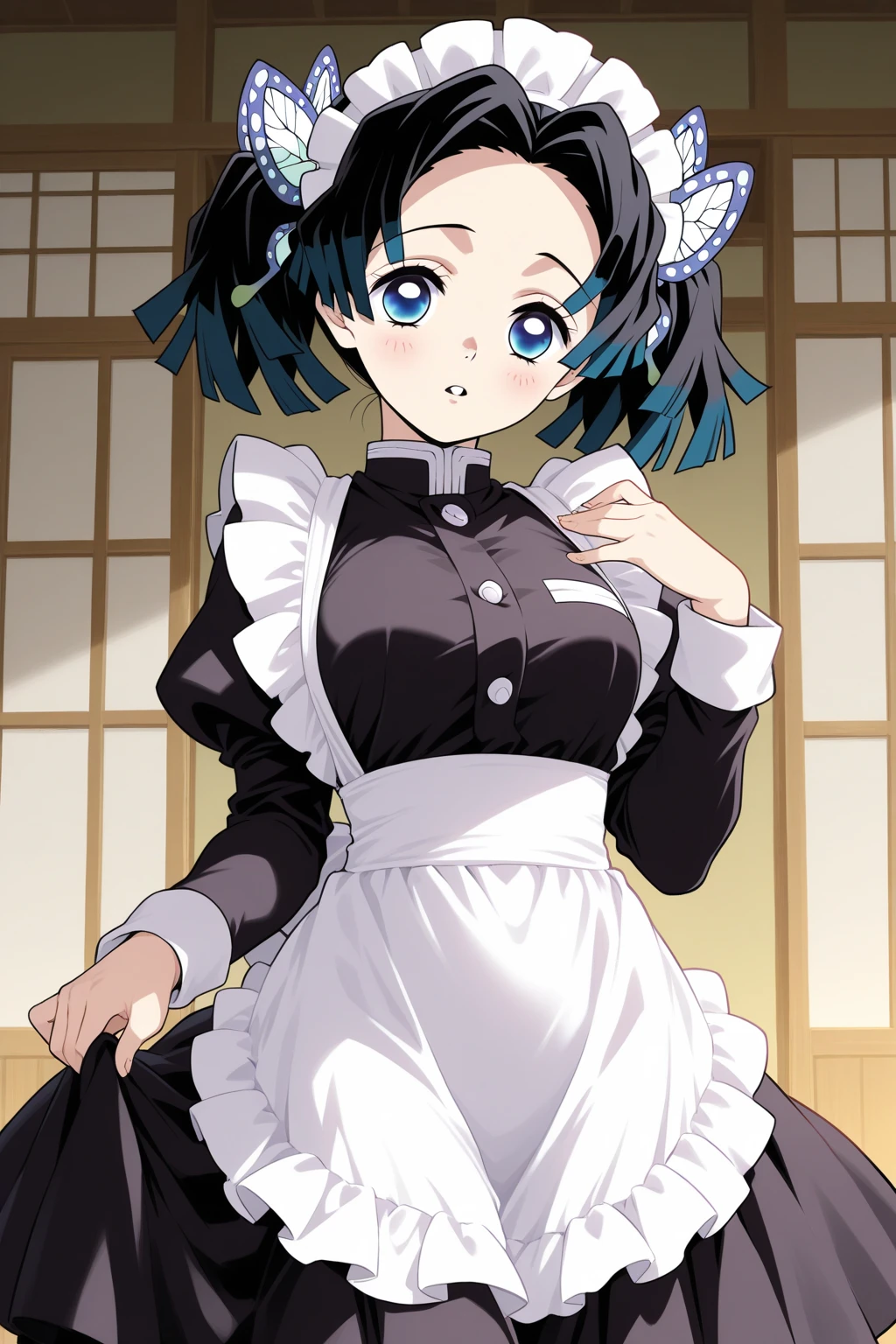 (masterpiece, best quality), 1girl, <lora:ono_shiragiku_v1:1> 1girl, solo, short hair, green hair, bob cut, maid headdress, blue eyes, large , frills, vertical-striped dress, blue dress, short sleeves,  black pantyhose