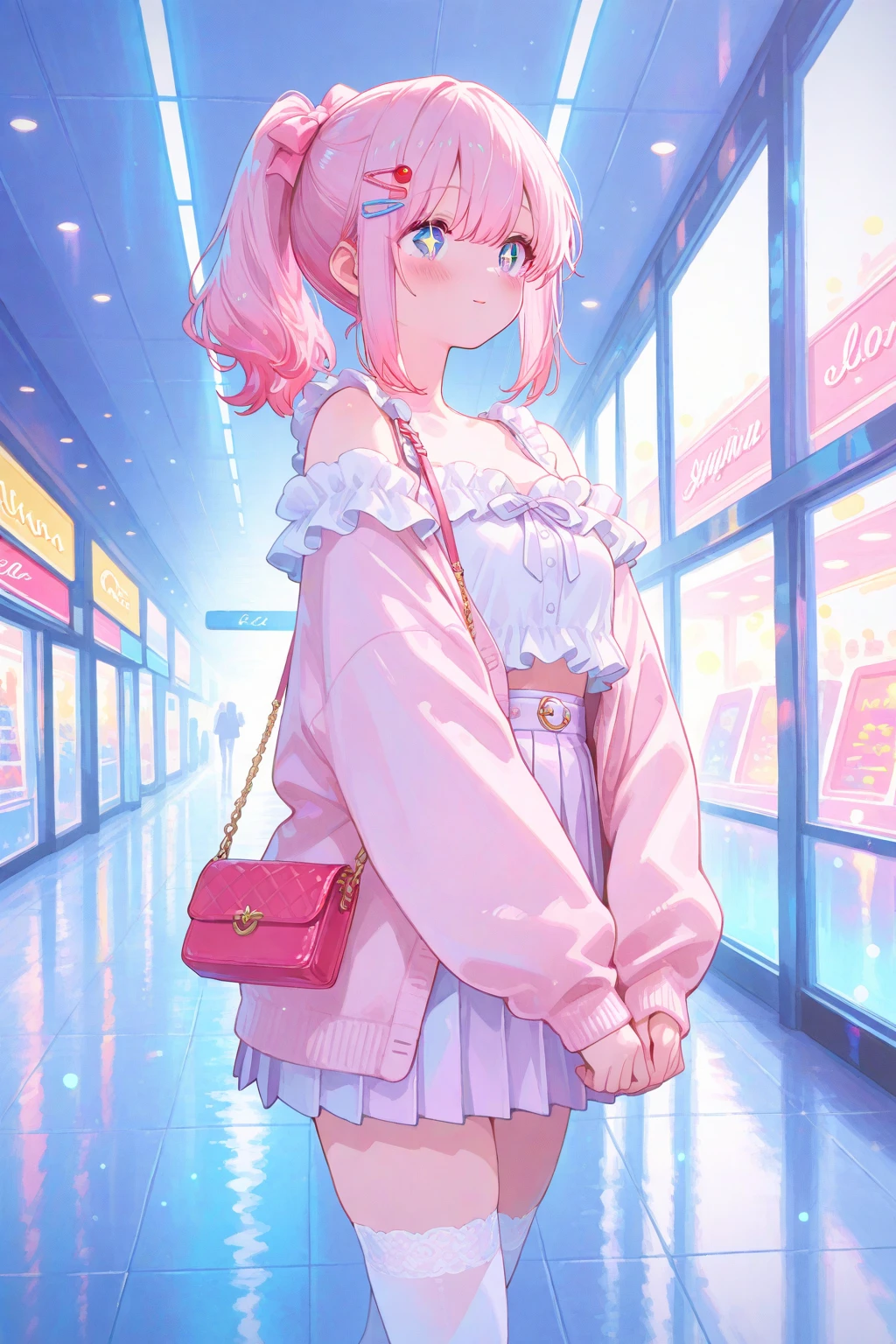 1girl, 16-year-old Japanese idol Ayaha Mochizuki (Harmony Pink), cherry-pink ponytail with star hairpins, cute round face, big sparkling eyes, slight blush, wearing casual spring outfit: white off-shoulder frilled blouse, light pink pleated , white thigh-high stockings, pastel pink cardigan draped over shoulders, carrying small designer handbag, walking happily in bright shopping mall, sunlight streaming through glass ceiling, soft bokeh background with luxury brand stores, detailed anime style, masterpiece, best quality, 8k, ultra-detailed, vibrant colors, cinematic lighting