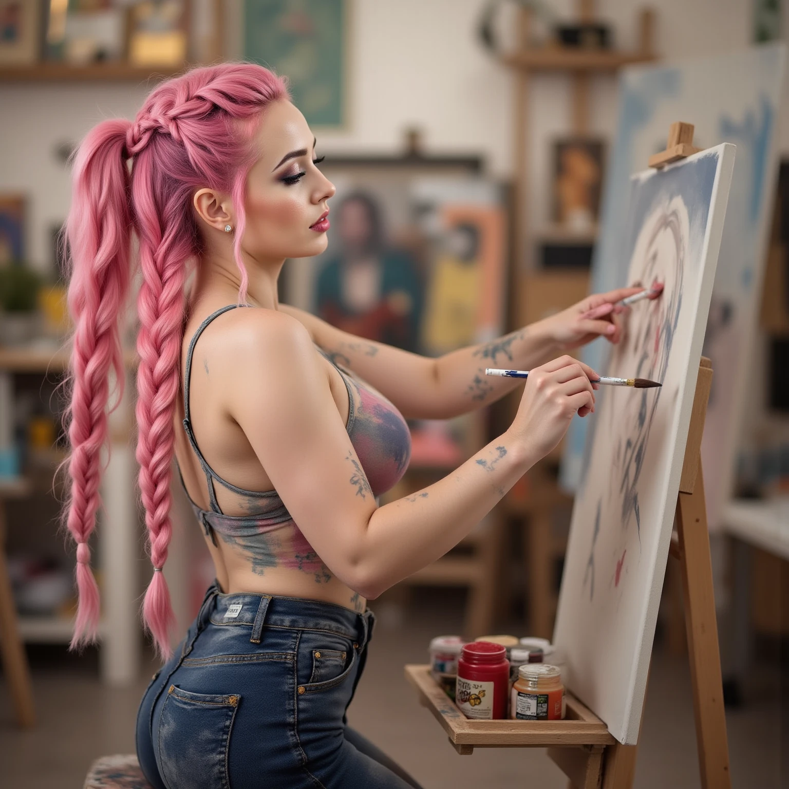 The easel, the paints, the artist, standing Full-length, Sexy cyborg woman drawing self-portrait in oil paints, french braid, blonde hair