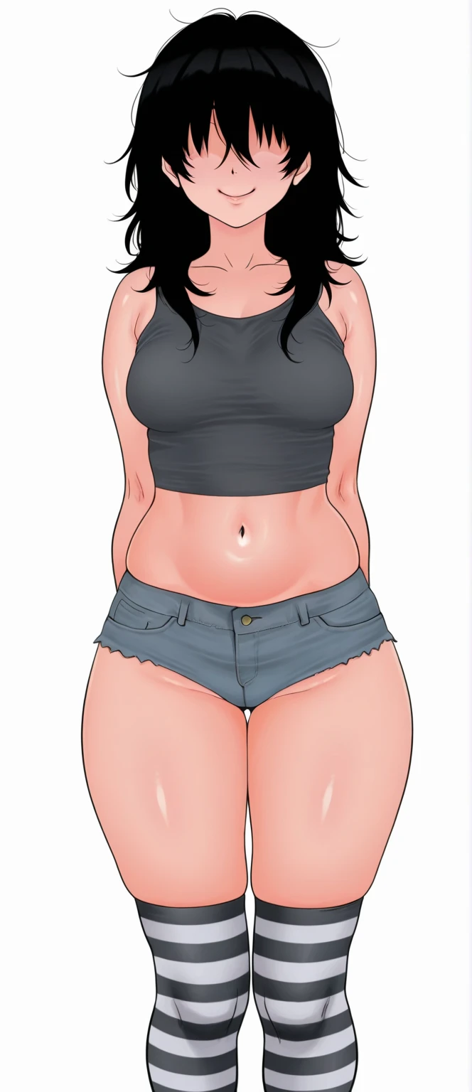 80s_digital, ascii, symbols, score_9, score_8_up, hyper-realistic,
1girl, large eyes, croptop, bare bottom, fat mons, wide hips, medium breasts, standing, cowboy shot, simple background