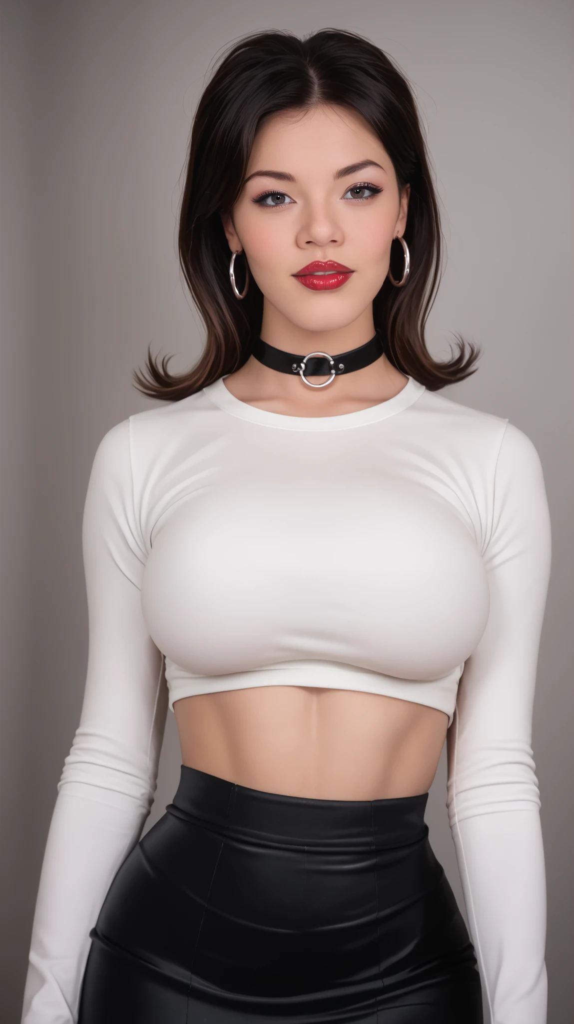 a photo Hyper-Realistic Ultra HD, The image showcases an incredibly realistic 4K photorealistic resolution, highlighting her captivating presence and a mesmerizing physique. leaving you entranced by the seamless fusion of artistry and supreme realism. looking straight into the frame, looking at viewer,sharp focus; frame, sharp focus ;eerily realistic, visual realism (Every imperfection and detail of her skin is captured -+ details Ultra hd. a professional movie photograph of, best quality, high quality, facing forward,  Beautiful little red lips, 
Define each part of her body imperfections.
The image showcases an incredibly realistic 4K photorealistic resolution, highlighting1girl, solo, mature female, 1 girl, early 20's, huge heavy breasts, thick, thick lips, wide hips, thin waist, gwentd, two-tone hair, makeup, red lips, choker, crop top, long sleeves, midriff, skirt, pantyhose 