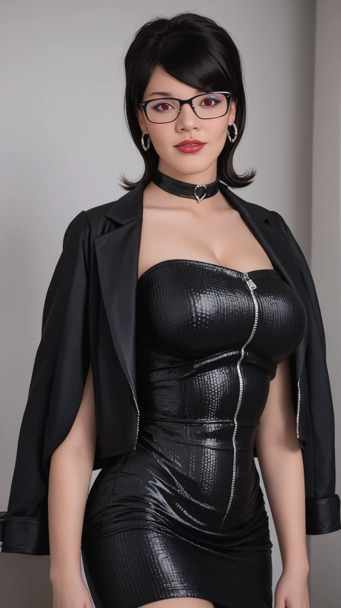 a photo Hyper-Realistic Ultra HD, The image showcases an incredibly realistic 4K photorealistic resolution, highlighting her captivating presence and a mesmerizing physique. leaving you entranced by the seamless fusion of artistry and supreme realism. looking straight into the frame, looking at viewer,sharp focus; frame, sharp focus ;eerily realistic, visual realism (Every imperfection and detail of her skin is captured -+ details Ultra hd. a professional movie photograph of, best quality, high quality, facing forward,  Beautiful little red lips, 
Define each part of her body imperfections.
The image showcases an incredibly realistic 4K photorealistic resolution, highlighting1girl, solo, mature female, sarada, black hair, red eyes, short hair, swept bangs, choker, glasses, earrings,
Metallic Wetlook Faux Leather Zipper Front Lingerie Bodycon Night Club Mini Party Dress Clubwear Stripper Dress,  bare shoulders, large breast, black jacket, showing cleavages transparent fishnet neck,