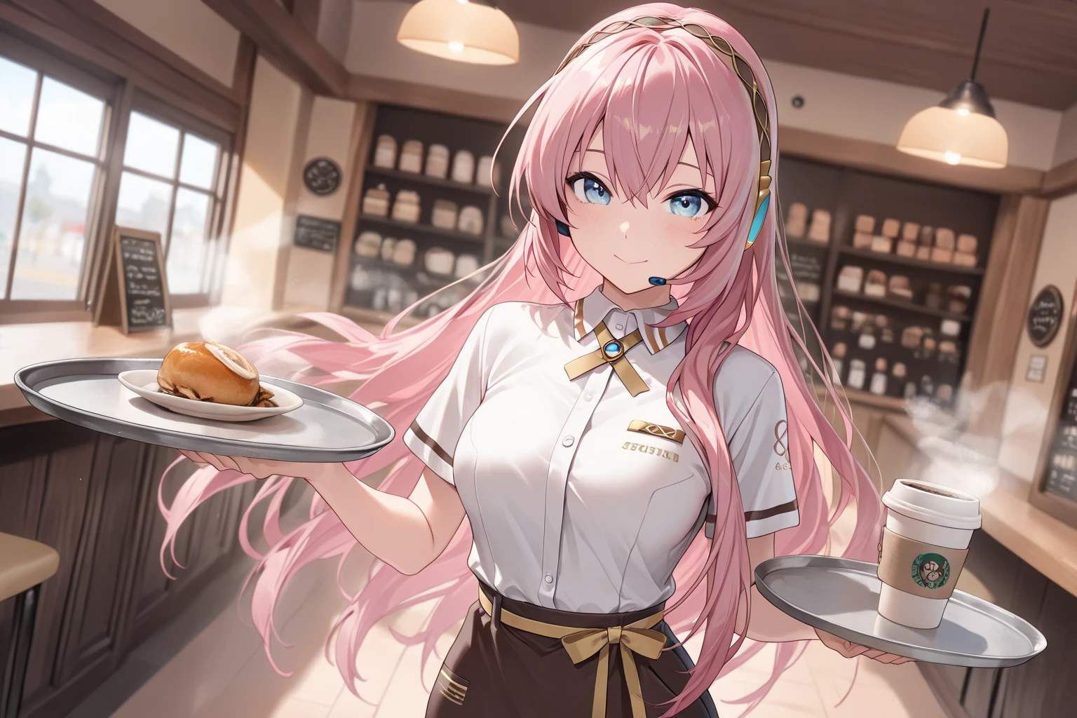 A woman wearing a red 50s waitress uniform with a white stripe, a 50s waitress hat, standing in a very detailed 50s coffee shop, hot pink hair, with silver fringes, gray bangs, multi hair, pink eyes, smiling , close view, , pigtails.UHD , prime work , accurate , anatomically correct , textured skin , super details , high quality , best quality, 8k, high resolution, bokeh effect. (woman alone)