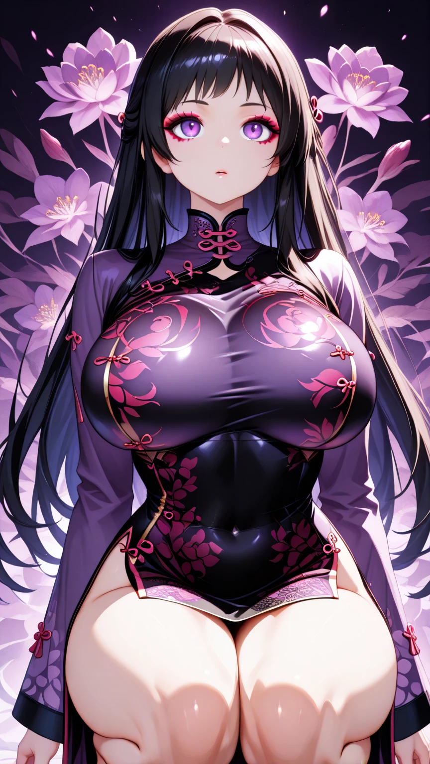 rialistic photo、Real Images、Top image quality、​masterpiece, (Pink kimono), seductived faced, good lighting, beautiful thigh、adult appeal、Adults、Big、cleavage, finely detail, ​masterpiece,I can see my panties、 radiant eyes, 1girl in, A dark-haired, SUCK, Kamado Nezuko, wisteria background, ​masterpiece, top-quality, POV,,
