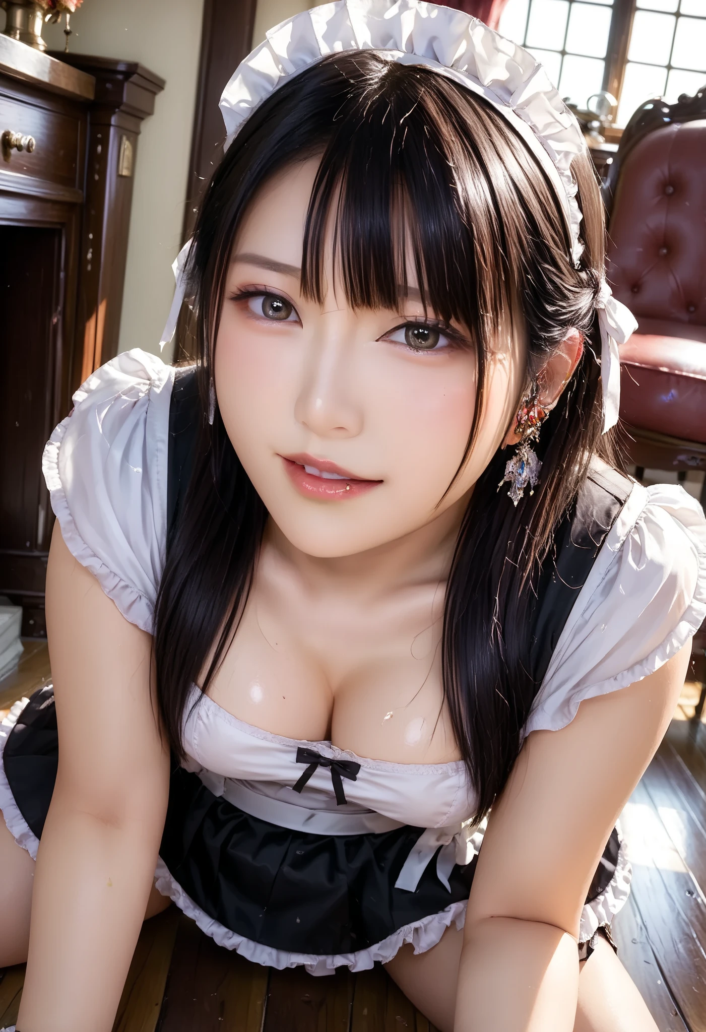 top quality 、high quality 、 最high definition、high definition、Show me 8K quality、High Fine 、top quality、 masterpiece 、immersive video、 very realistic image 、realistic pictures、 PERFECT DETAIL 、 High contrast with Silver Gun 、High Fidelity、 perfect picture without blur、close to reality、 detailed images、 Detailed and Realistic Human Body 、 Detailed, Realistic Human Skin 、 real face in every detail、 Realistic eyes in detail 、 Realistic Lips with Every Detail 、 detailed and real teeth、Real Ears、 Realistic Hair 、((Japanese Model))、((gravure idol))、((Young face))、((black hair))、((medium rounded breasts))、((Stylish Body ))、(((Shiny skin all over the body )))、Restaurant、Maid Cafe、((British maid outfit、French Maid Outfit、gothic maid clothes、German maid outfit、Edwardian Maid Outfit、 Garcon Style Maid Outfit 、Miniskemaid Clothes、 Victorian Maid Outfit、 Classic Maid Clothes 、steampunk style maid clothes))、(((chair on the floor)))、((skirt flip))、((Red lace panties visible from between thighs))、((poses to make your thighs look beautiful))