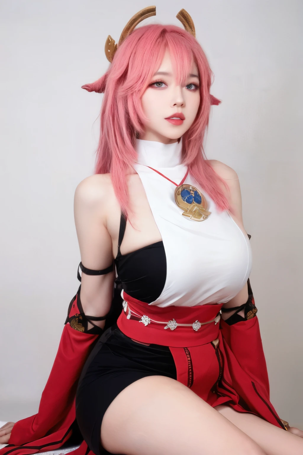 (masterpiece:1.3),best quality,high resolution,unity 8k wallpaper,(illustration:1),perfect lighting,photo_\(medium\),photorealistic,realistic,
finely detail,extremely detailed,soft lighting and shadow,soft yet striking lighting,film grain:1.2,
yae miko, 1girl, solo, pink hair, purple eyes, looking at viewer, long hair, realistic, animal ears, parted lips, detached sleeves, japanese clothes, upper body, fox ears, grey background, simple background, bangs, lips, bare shoulders, hand up, jewelry, wide sleeves, nontraditional miko, (huge breasts:1.8), full body, sitting