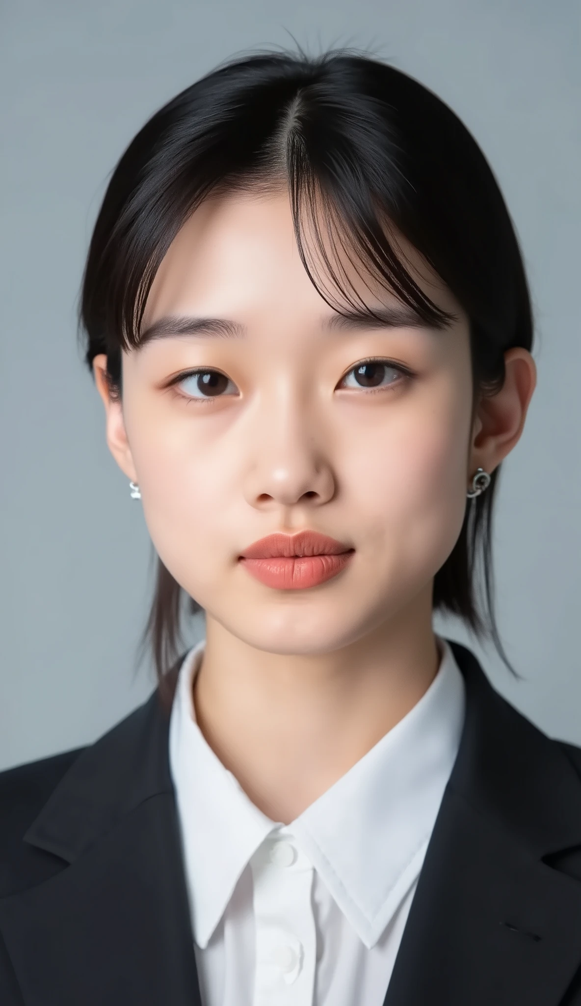 Passport photo of a neat young woman、facing directly、camera list、office lady suit、jacket、shirt、、、ear piercings、前髪あり、、、無表情、、、has closed its mouth、face close-up、grey background
